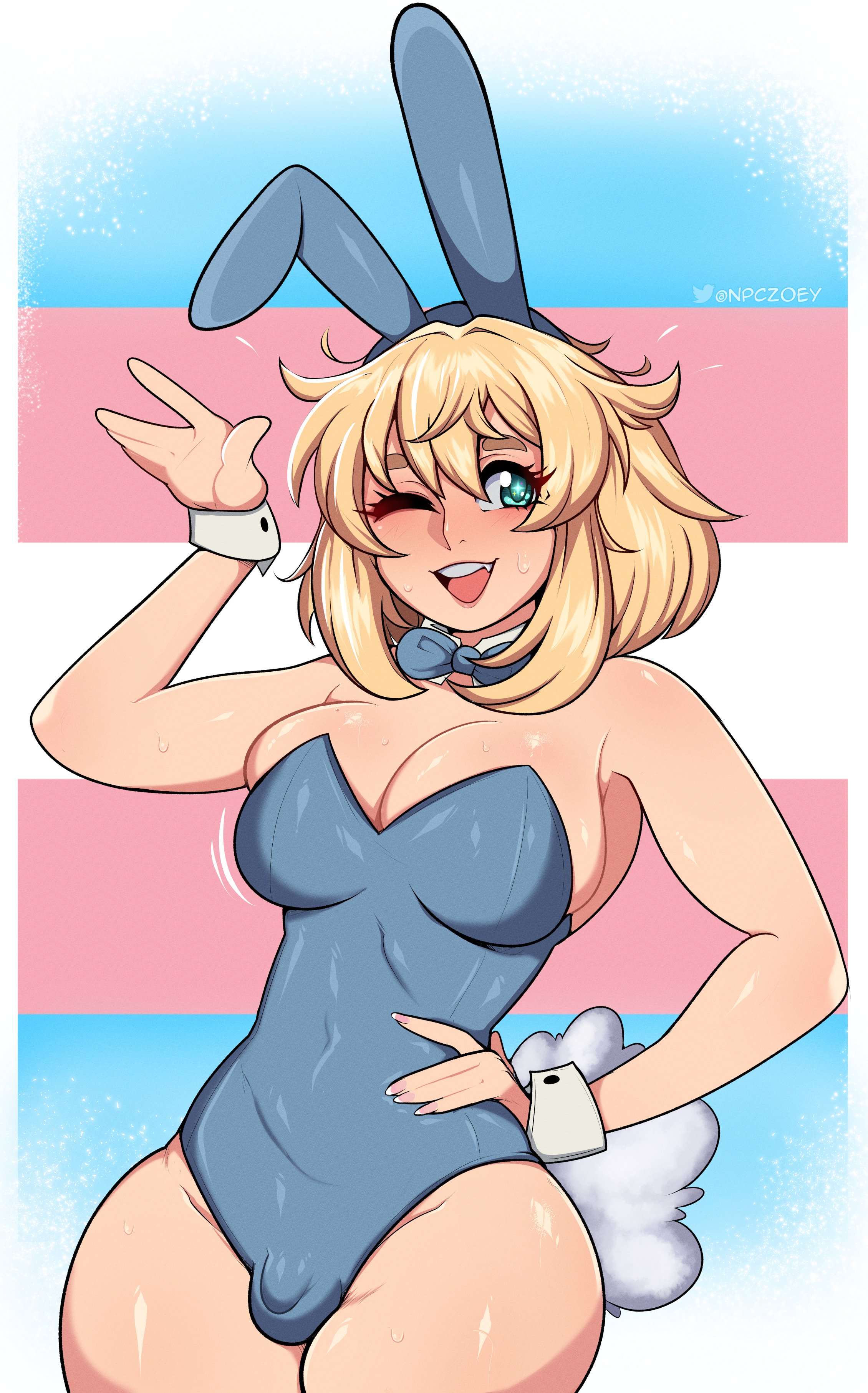 1futa, 2024, 2d, absurd res, absurdres, alternate version available, balls, balls under clothes, bare legs, bare shoulders, blonde hair, blue bowtie, blue leotard, blush, blushing at viewer, bowtie, breasts, bridget, bulge, bulge through clothing, bunny ears, bunny girl, bunny tail, bunnysuit, cleavage, clothed, clothing, detached collar, detached cuffs, dickgirl, digital drawing, digital media, female, futa focus, futa only, futanari, green eyes, grin, grinning, guilty gear, guilty gear strive, hair between eyes, hand on hip, hi res, high resolution, highres, intersex, leotard, looking at viewer, npczoey, one arm up, open mouth, penis, penis bulge, rabbit ears, rabbit tail, solo, strapless leotard, sweat, sweatdrop, transgender pride colors, twitter logo, twitter username, watermark, white cuffs, wink