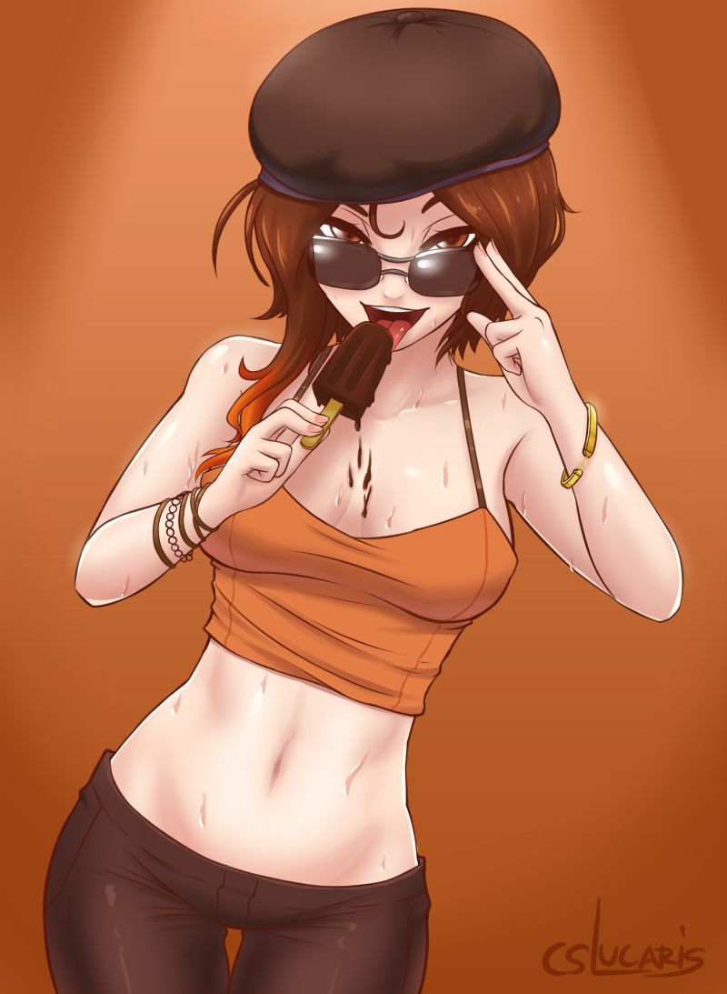 adapted costume, adjusting eyewear, adjusting glasses, bare shoulders, beret, bracelet, breasts, brown eyes, brown hair, chocolate, cleavage, coco adel, cslucaris, female, glasses, hat, jewelry, looking at viewer, looking over eyewear, looking over glasses, looking over sunglasses, lowleg, lowleg pants, midriff, navel, orange background, pants, popsicle, rwby, sexually suggestive, sleeveless, solo, sunglasses, thigh gap, tinted eyewear, tongue