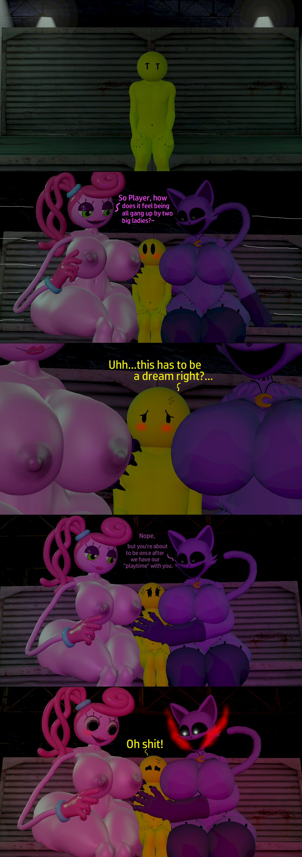 1boy 2girls 3d 3d_(artwork) anthro blushing catnap_(poppy_playtime) death_by_snoo_snoo dominant_female feline female imminent_reverse_rape imminent_sex male male/female mommy_long_legs monster monster_girl nightmare_waifu pink_skin poppy_playtime protagonist_(poppy_playtime) purple_skin rule_63 skulltronprime969 smiling_critters