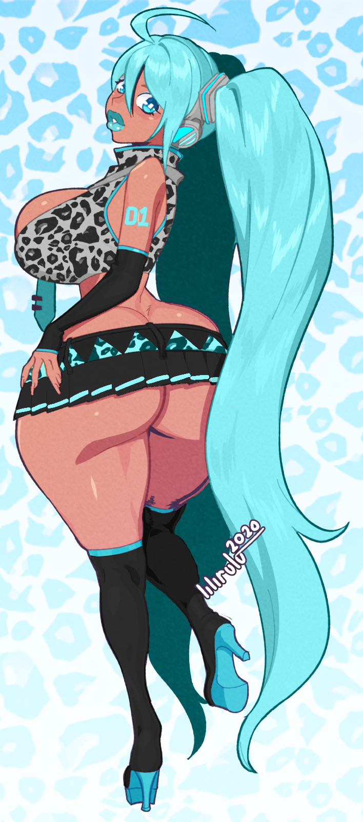 arm_warmers ass bimbofication blackwashed blue_hair blue_lipstick breasts cleavage ebonization female female_only femsub hand_on_hip hatsune_miku high_heels huge_ass huge_breasts huge_hips huge_lips kneehighs leopard_print lilirulu lipstick long_nails looking_at_viewer looking_back makeup manip miniskirt nail_polish no_panties sideboob signature simple_background solo tan_skin tank_top tattoo thighhighs tie twintails very_long_hair vocaloid