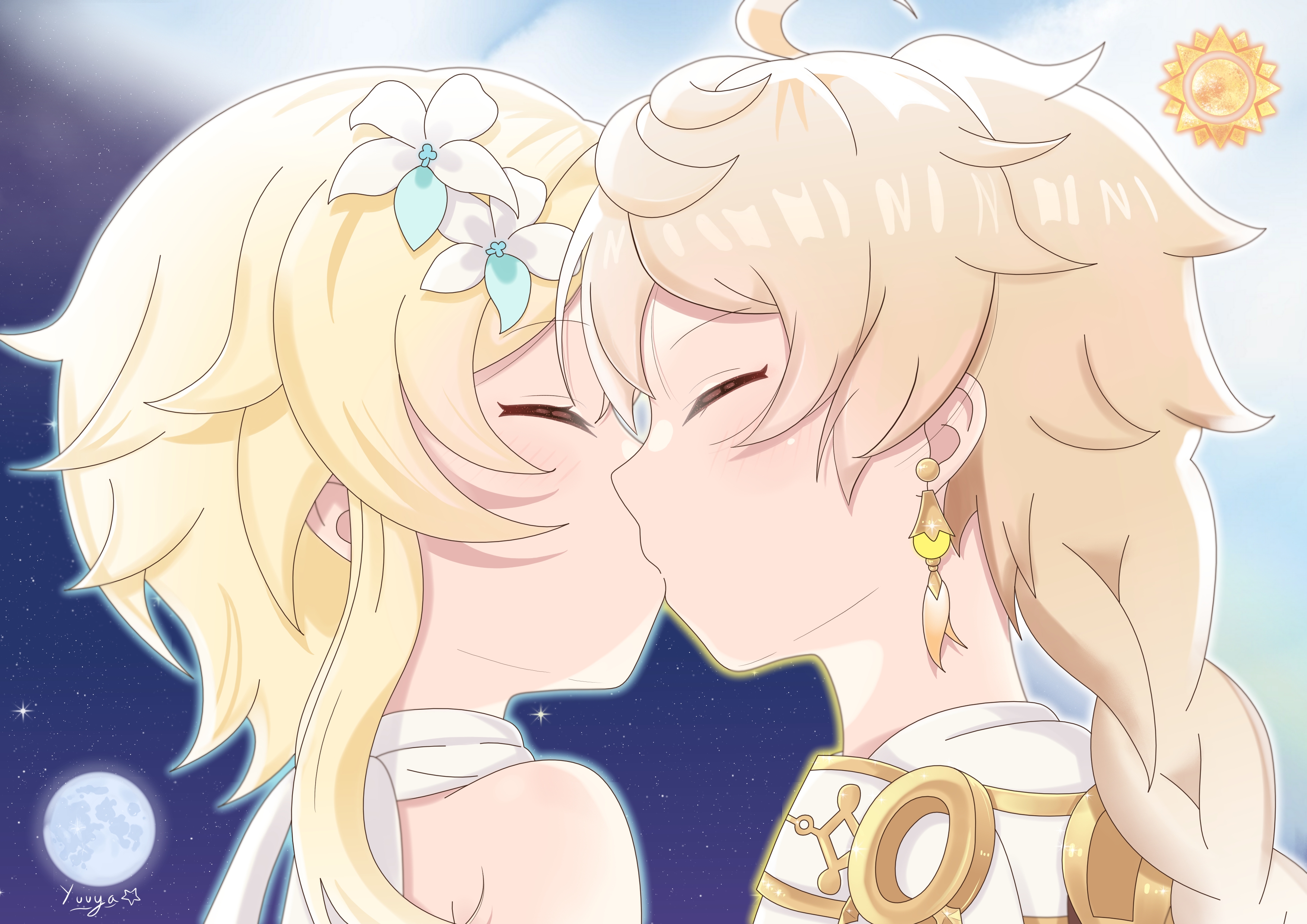 1boy, 1girls, aether (genshin impact), blonde hair, brother and sister, color, drawing, female, genshin impact, imminent sex, incest, kissing, lumine (genshin impact), male, mihoyo, yuvya (artist)