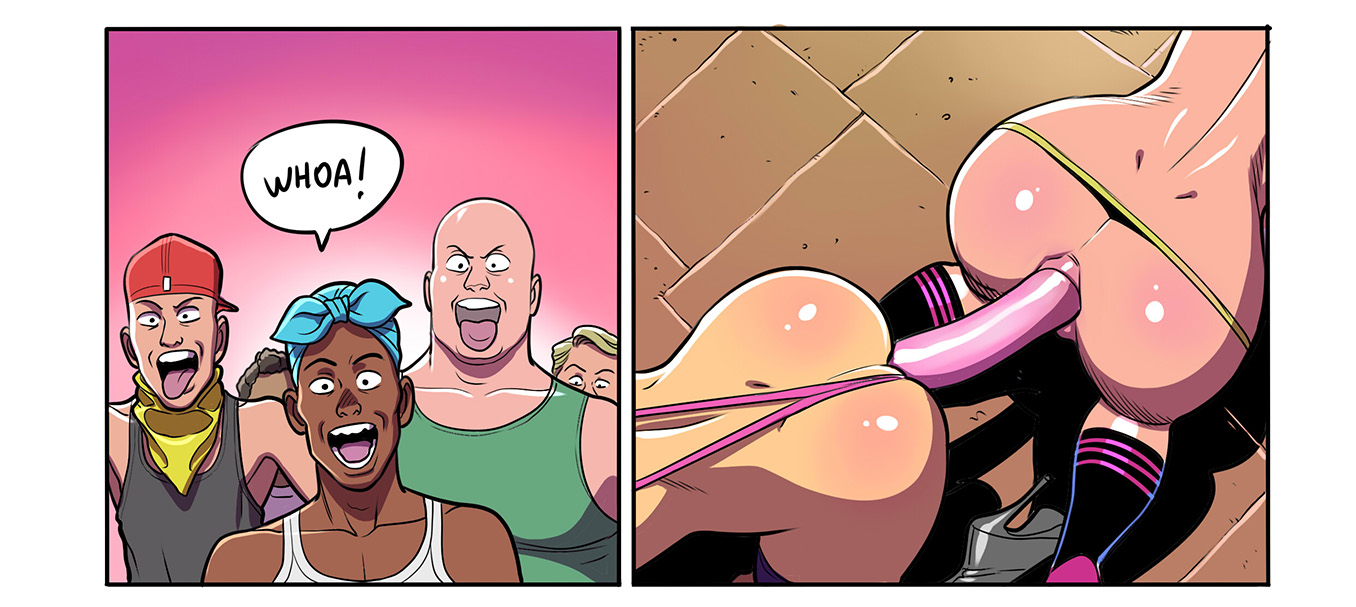 2girls, alley, anal, anus, blonde hair, capcom, comic, double dildo, female, high heels, inspector gadget, male, mega man, penny gadget, roll, sling bikini, sling bikini aside, smooth skin, tekuho, yuri