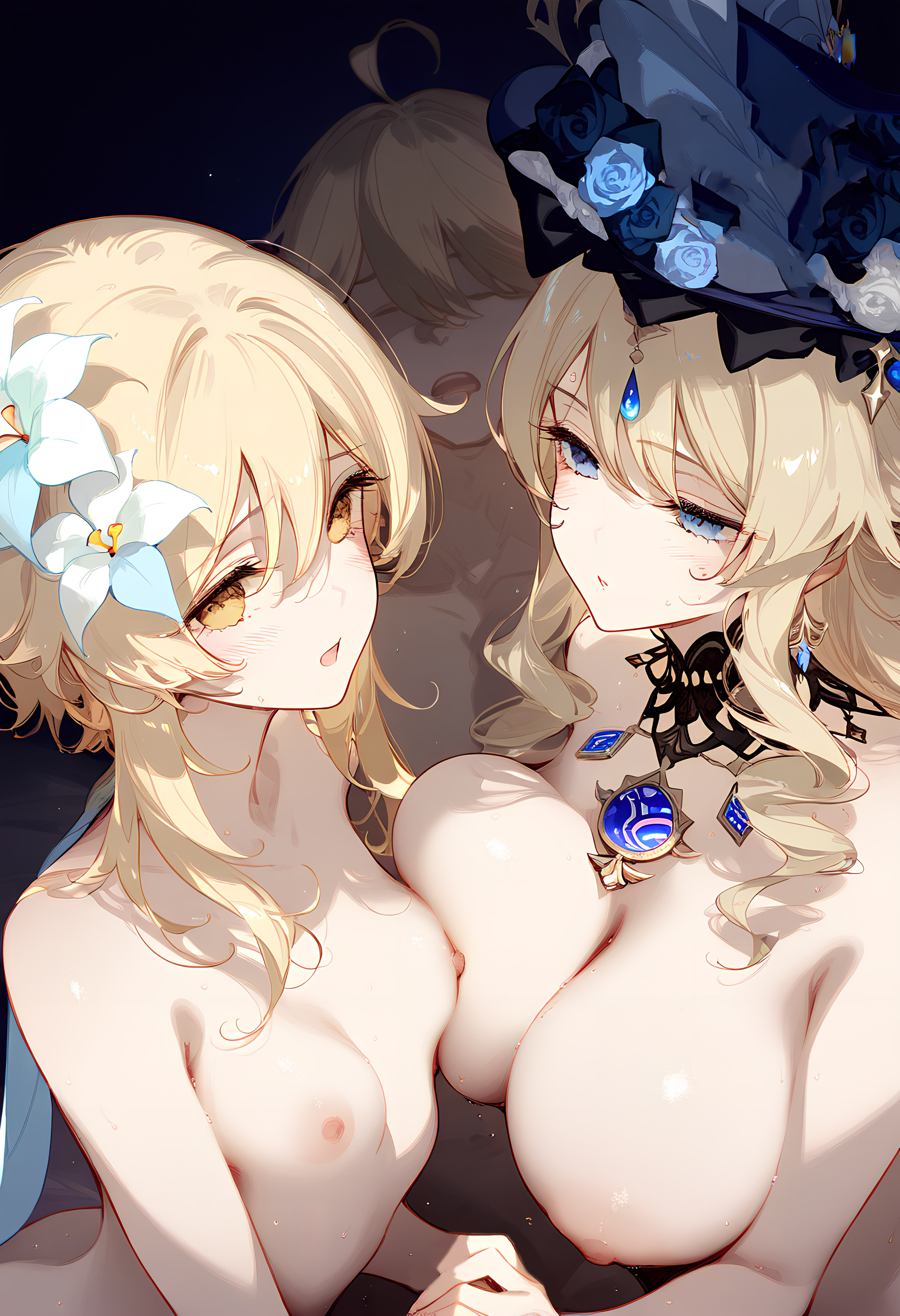 1boy, 2girls, aether (genshin impact), ai generated, big breasts, blonde hair, blue eyes, blush, breasts, brother and sister, female, genshin impact, gold eyes, horny female, incest, lumine (genshin impact), male, mihoyo, naked, navia (genshin impact), pleasure face, sex, straight, taboo, threesome