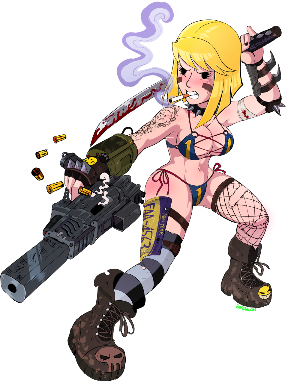 10mm_pistol bethesda_softworks blonde_hair cleavage collar fallout fallout_(series) fallout_4 female female_only fishnets gun human mob_face pip-boy revealing_clothes shadman short_hair skimpy_clothes solo vault_girl vault_meat weapon