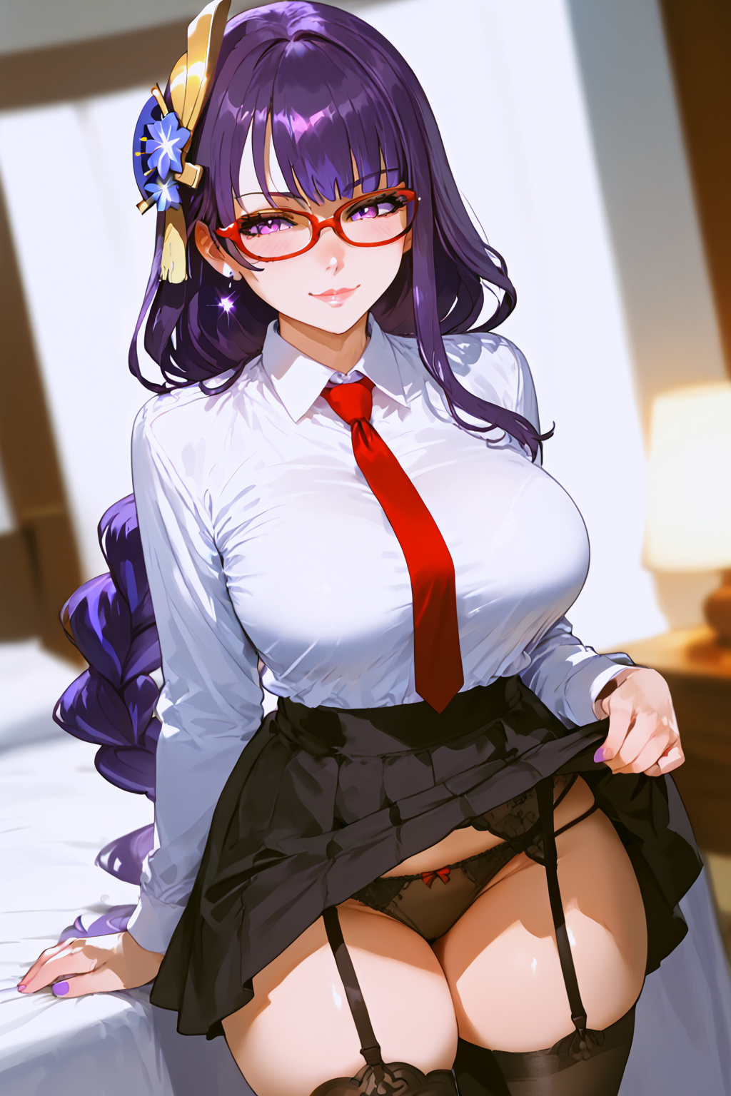 ai_generated bedroom black_panties blush breasts genshin_impact glasses huge_breasts indoors lipstick makeup mouth_closed naughty_face office office_clothing office_lady panties raiden_shogun red_glasses shiny_skin showing_panties skirt skirt_pull smirk stockings thick_thighs tie