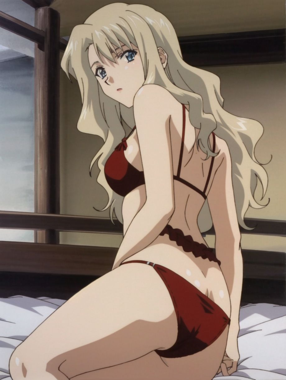 1girls ai_generated ass bangs bed bedroom blonde_hair blue_eyes bra breasts female female_only laying_on_bed laying_on_side looking_at_viewer medium_breasts mireille_bouquet noir_(anime) normal_breasts panties red_bra red_panties