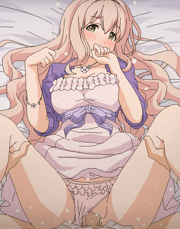 bed blonde_hair blush bracelet brown_eyes censored clothed_sex commentary_request covering_mouth female idolmaster idolmaster_cinderella_girls jewelry long_hair looking_at_viewer lying missionary mosaic_censoring necklace on_back panties panties_aside penis pov saionji_kotoka sex solo_focus spread_legs straight sweat tomu_(tomubobu) underwear vaginal_penetration