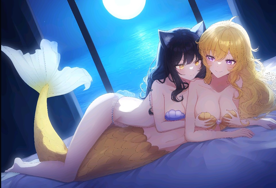 2girls amber_eyes bare_arms bare_back bare_legs bare_midriff bare_shoulders bare_thighs barefoot bed bedroom belly_button black_hair blake_belladonna blonde_hair blush blush blush_lines cat_ears cat_girl catgirl cleavage female female_only grope grope_from_behind groping groping_breasts long_hair lovers mermaid mermaid_girl mermaid_tail mermaid_transformation midriff moonlight navel night only_female overboob purple_eyes rwby seashell seashell_bikini seashell_bikini_top seashell_bra sideboob yang_xiao_long yuri