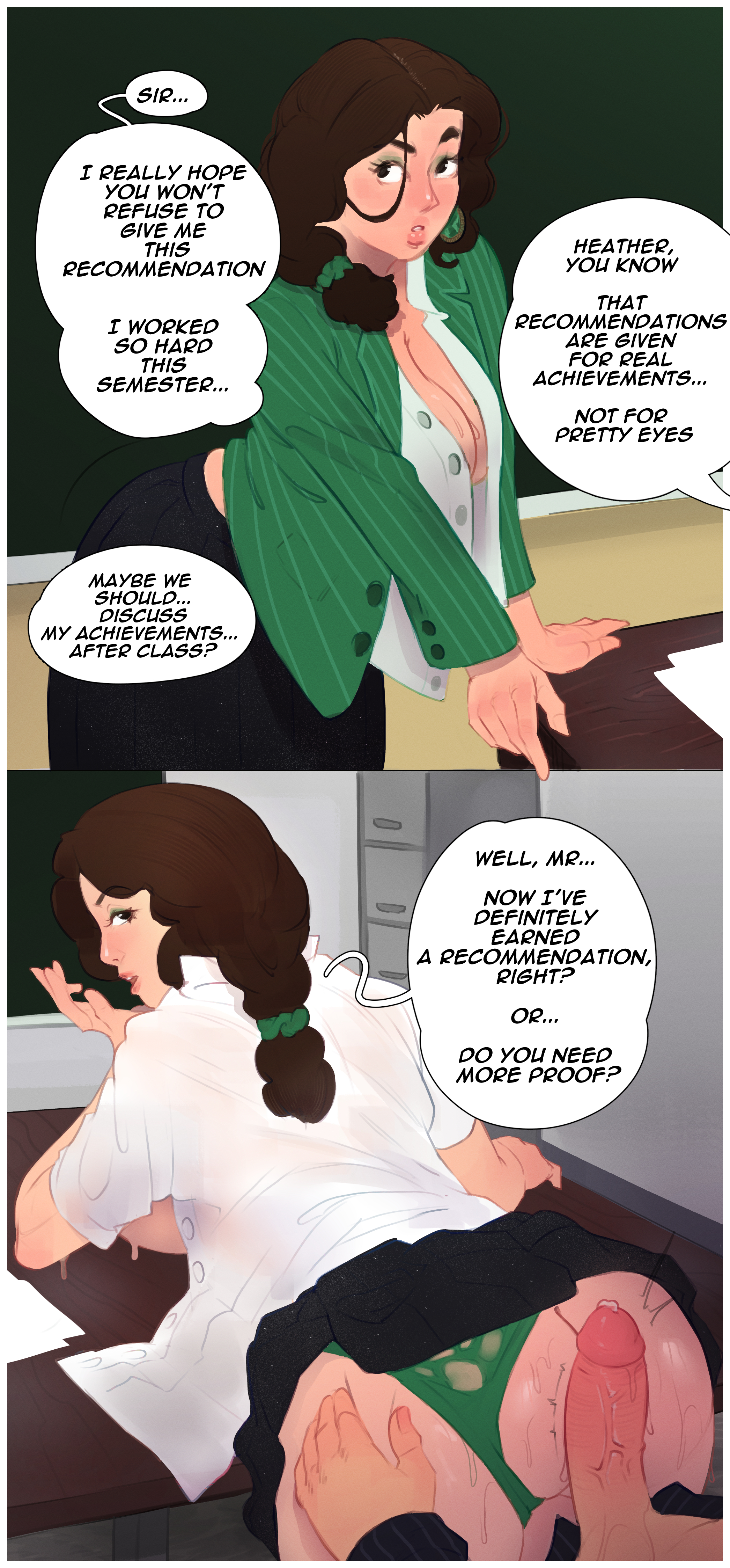 1boy, 1girls, age difference, ass, breasts, breasts out, brown hair, cleavage, clothing, comic, commission, desk, digital media (artwork), doggy style, female, file cabinet, green coat, half-dressed, hand on ass, heather duke, heathers, heathers (musical adaptation), imminent sex, looking away, looking back, male, no bra, older male and younger female, on table, panties, penis, penis on ass, ponytail, r4stishk4, ready to fuck, school, schoolgirl, simple shading, skirt, skirt up, standing, standing doggy style, student, student uniform, table, teacher, teacher and student, text, text box, text bubble, undressing, waiting, waiting for sex, wet, wet body, wet skin, white button down shirt, younger female