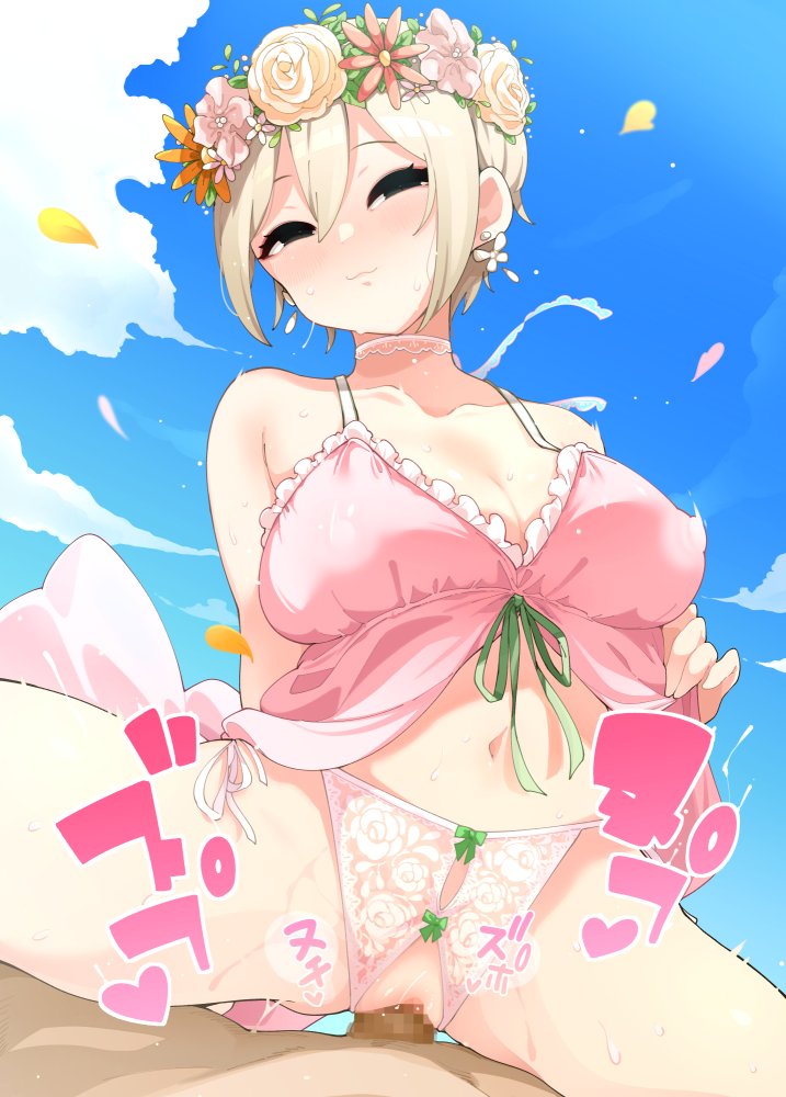 1boy 1girls :3 black_eyes blonde_hair blue_sky breasts camisole cowgirl_position female head_wreath idolmaster idolmaster_cinderella_girls large_breasts light-skinned_female light-skinned_male light_skin male_pov navel penis piercing pov pussy sex shiomi_syuko short_hair sky straddling straight takato_kurosuke