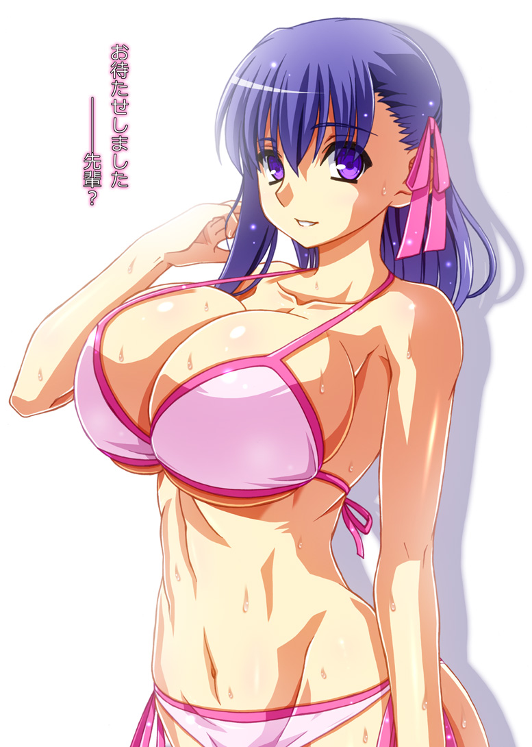 1girls bikini breasts cleavage fate/stay_night fate_(series) female hair_ribbon izta japanese_text kumashiro_izuta large_breasts looking_at_viewer matou_sakura medium_hair purple_eyes purple_hair smile solo sweat swimsuit wet wet_body