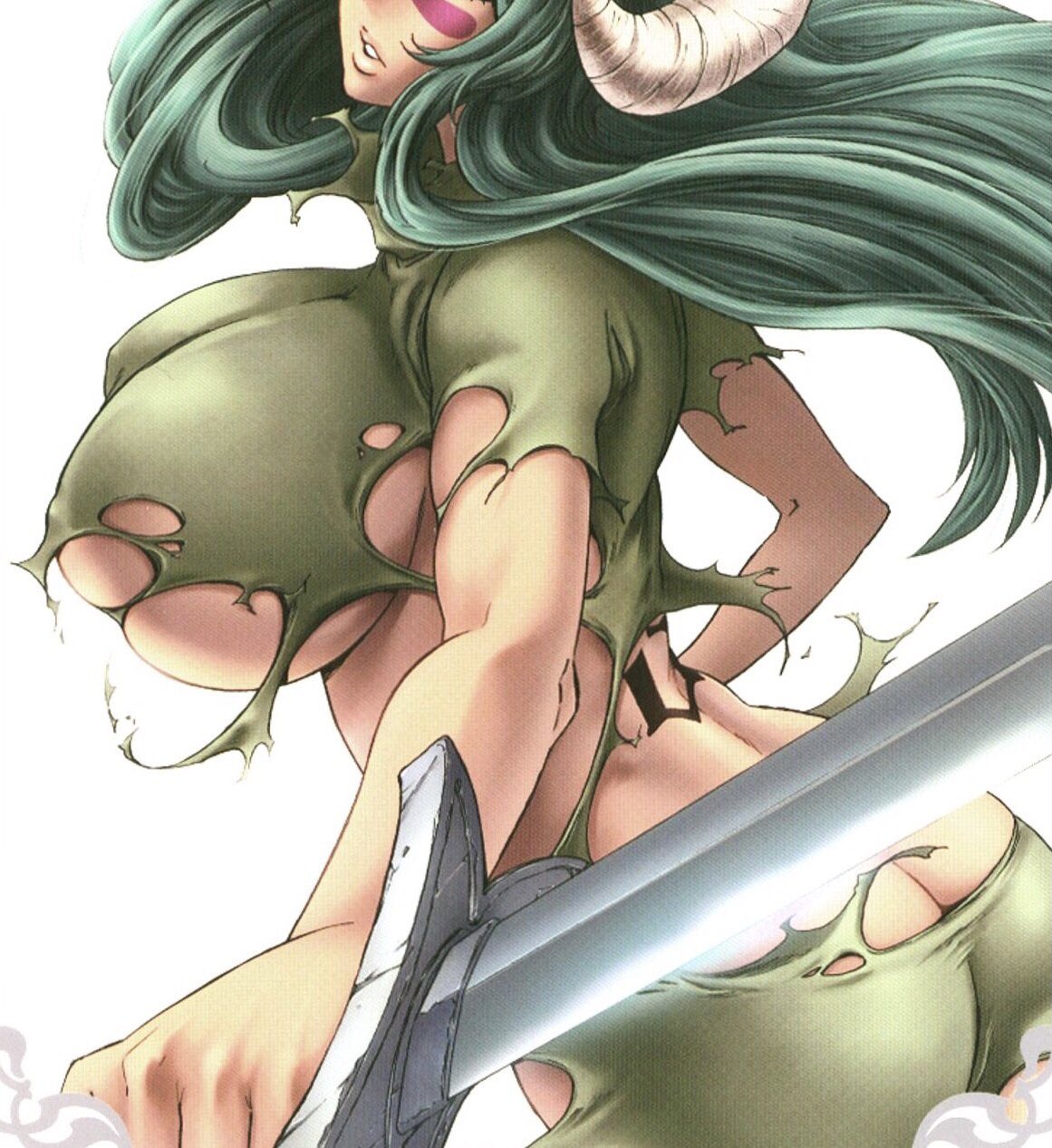 1girls, ass, ass crack, back tattoo, big ass, big breasts, bleach, breasts, butt crack, clothing, dress shirt, facepaint, female, female only, green hair, holding object, huge breasts, iwao178, long hair, nelliel tu odelschwanck, no artist signature, no source, no underwear, number tattoo, official art, sideboob, skull hair ornament, sword, tattoo, torn clothing, underboob, weapon