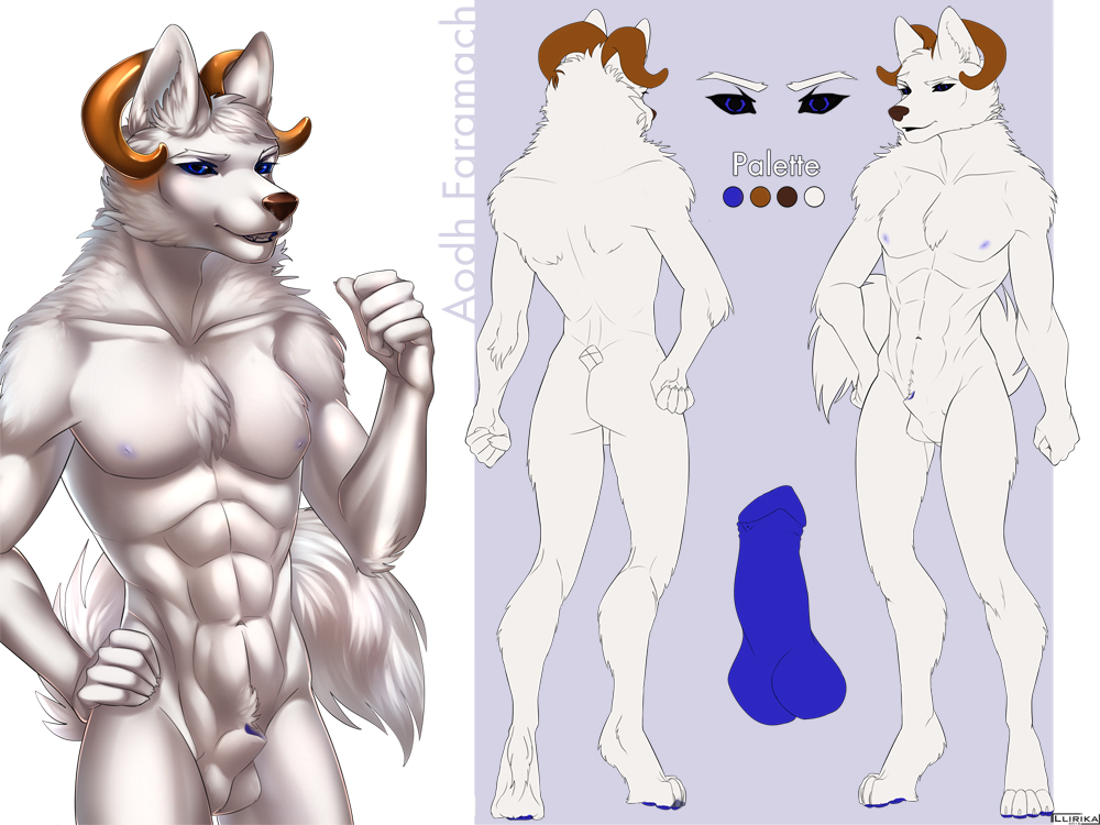 1boy animal_genitalia animal_penis anthro canine canine_penis horn hybrid llirika looking_at_viewer male male_only mammal model_sheet muscular nude penis sheath smile solo