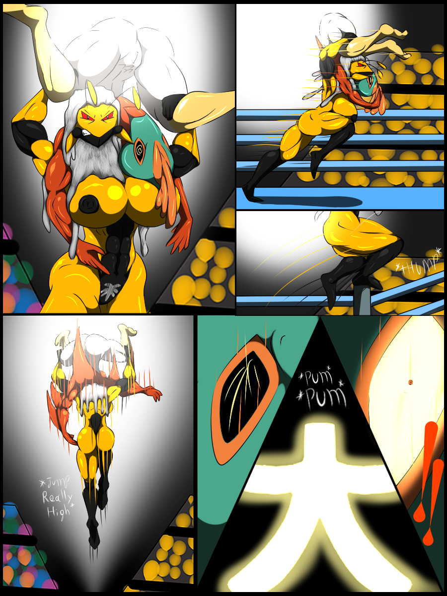 2girls anthro arthropod audience breasts dazed female fight furry great_phoenix hawlucha insect muscular muscular_female nintendo nipples nude original_character pokemon pokemon_xy pussy queen_delia saesar sweat text video_games wasp wrestling