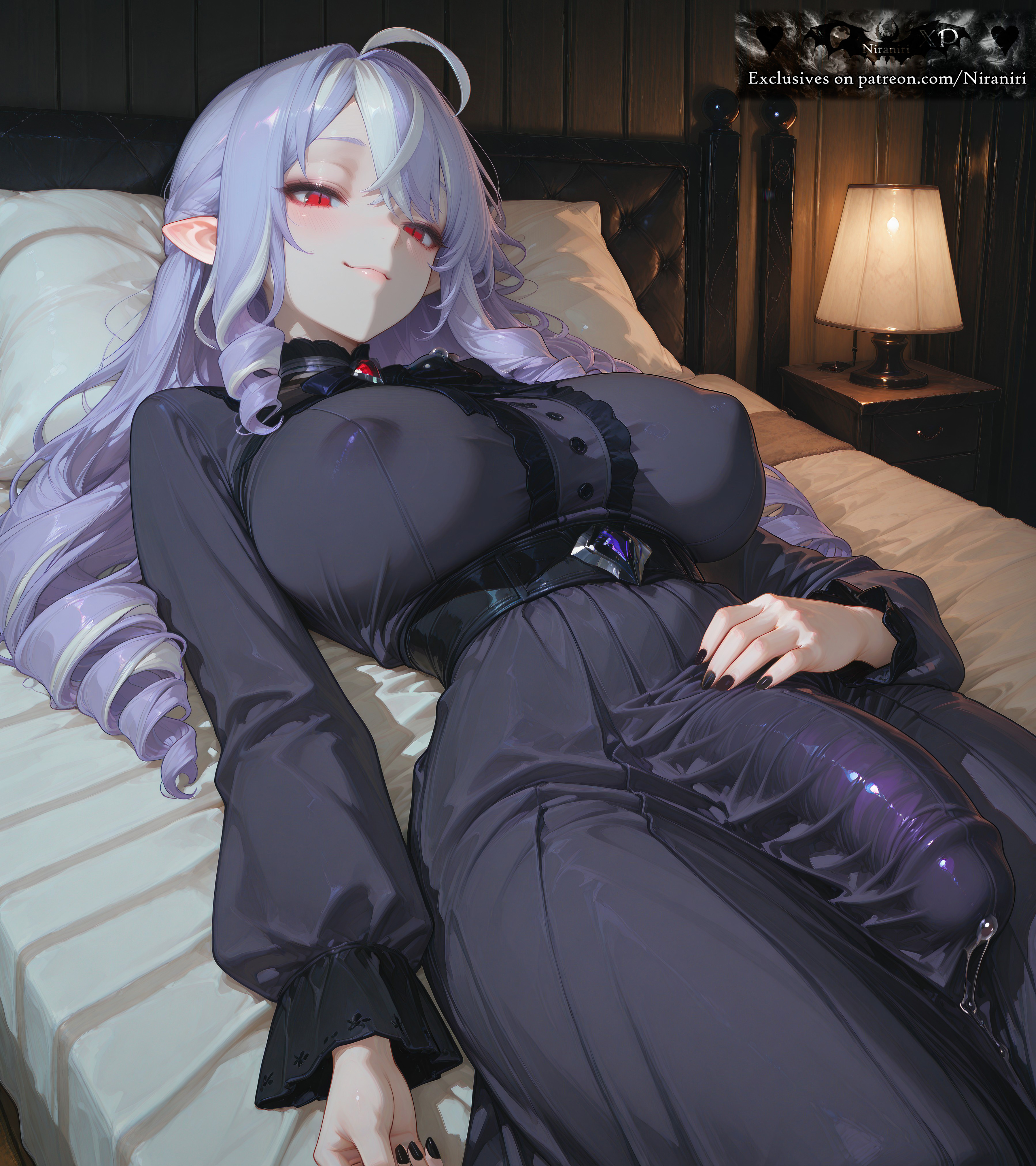 absurdres, ahoge, ai generated, bangs, bed, belt, black belt, black dress, black nails, blush, bow, bowtie, breasts, bulge, closed mouth, covered nipples, covered penis, covered testicles, dress, drill hair, erection, erection under clothes, female, fingernails, frills, futanari, highres, huge cock, indoors, lamp, large breasts, long hair, long sleeves, looking at viewer, lying, multicolored hair, nail polish, niraniri, on back, on bed, penis, pillow, pointy ears, precum, purple hair, red eyes, smile, solo, streaked hair, twin drills, vivian banshee, white hair, zenless zone zero