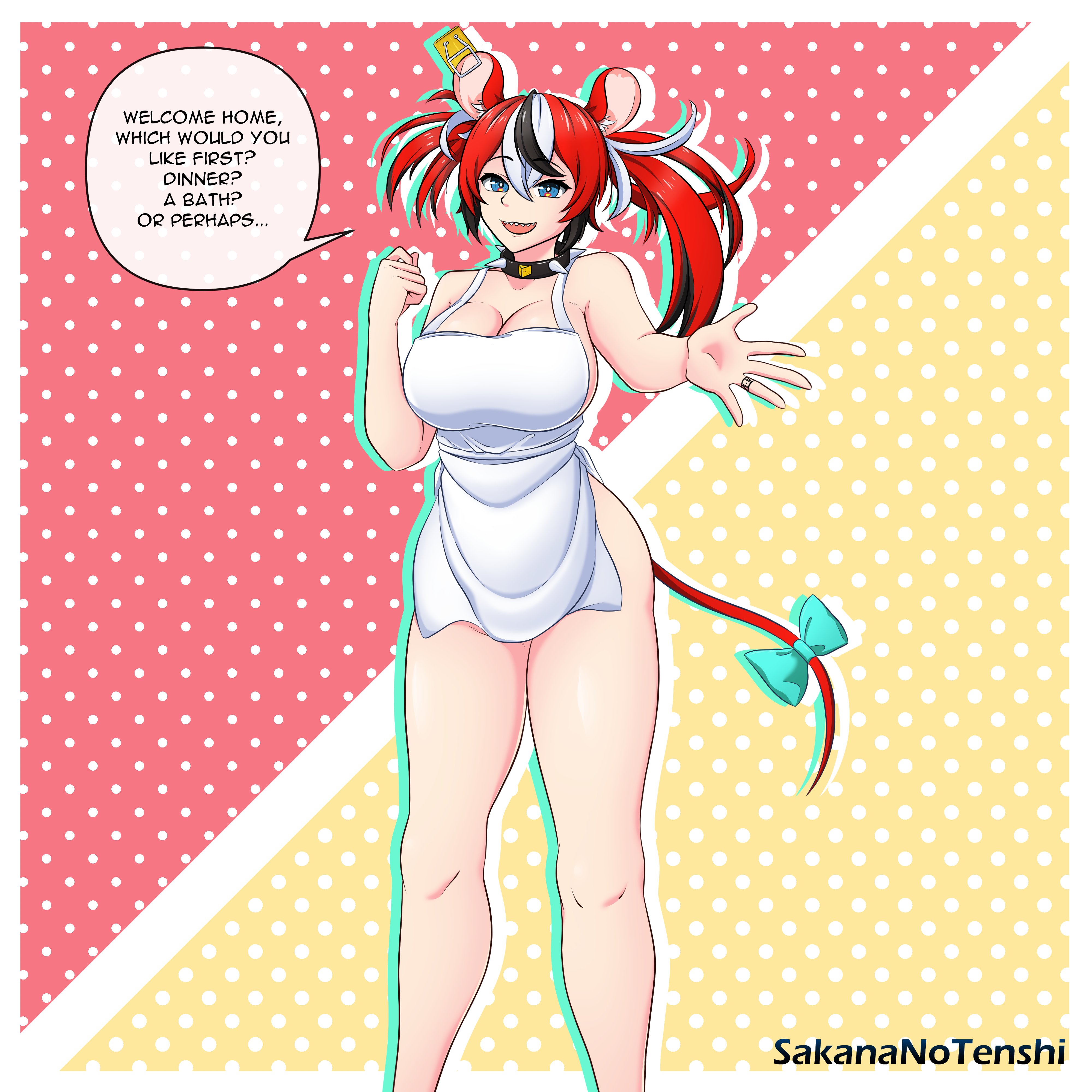 1girls, breast expansion, breast growth, breast growth (enlargement), breasts, butt expansion, dialogue, expansion, female, growth, hakos baelz, hololive, hololive english, hololive english -council-, hololive english -promise-, large breasts, long hair, naked apron, sakananotenshi, solo female, speech bubble, tagme, talking, talking to viewer, text, virtual youtuber, vtuber