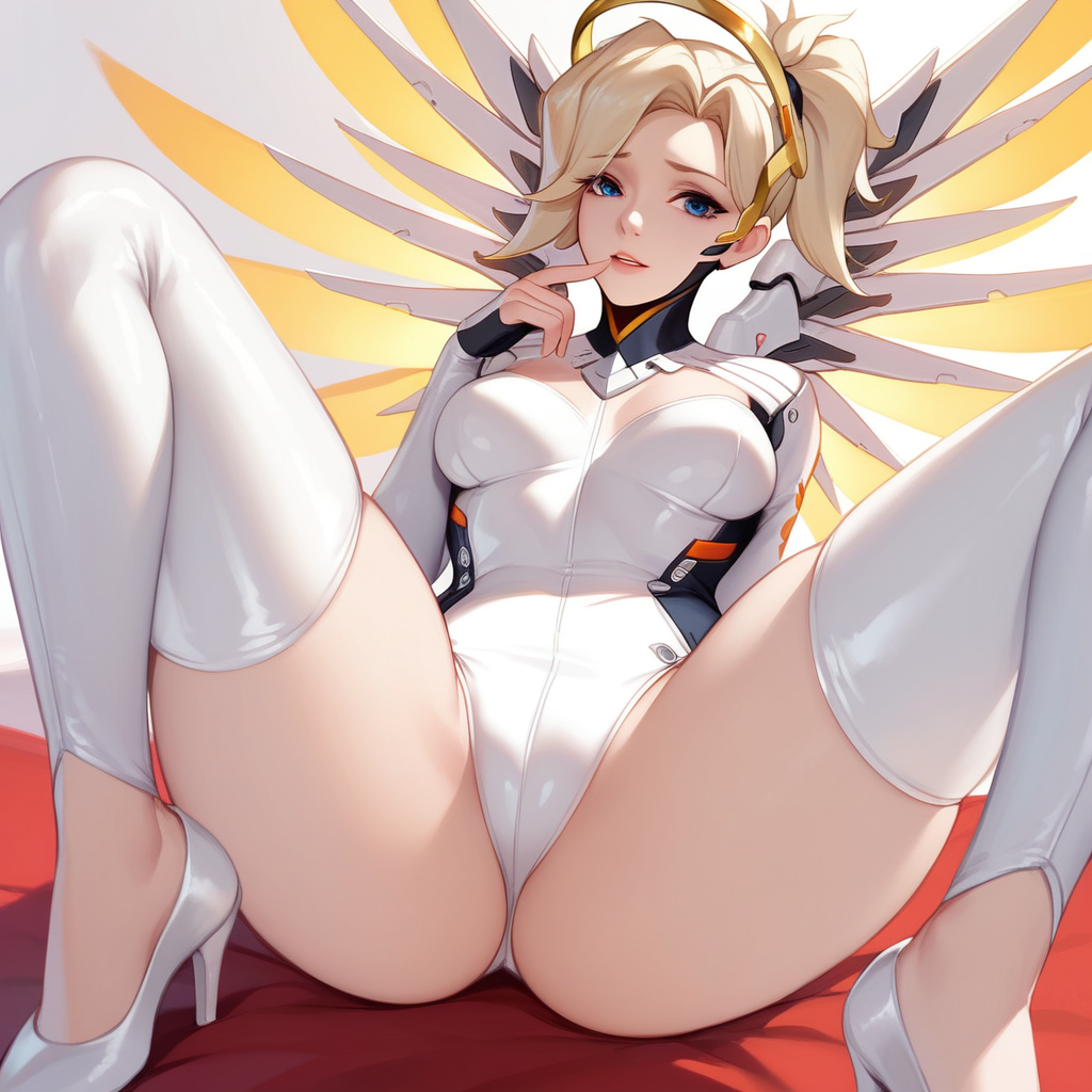 ai_generated angel angel_wings angela_ziegler blizzard_entertainment blonde_hair blue_eyes dearmatda high_heels latex mercy overwatch overwatch_2 spread_legs spreading stable_diffusion thighhighs white_heels white_latex wings