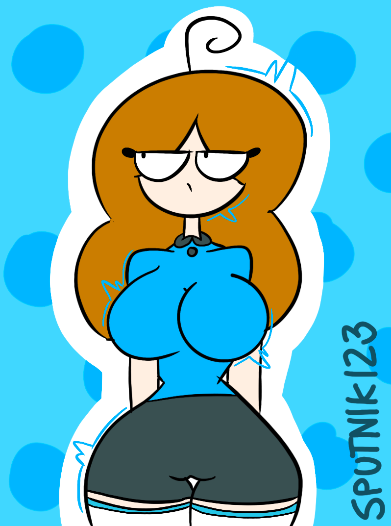 1girls alternate_breast_size alternate_thigh_size bad_anatomy blue_background british british_female brown_hair button camel_toe cameltoe candyevie eyelashes eyes_half_open grey_skirt luvie no_shading real_person simple_background sputnik123 stockings stockings_thigh_highs storytime_animation traced traced_art youtube youtuber youtuber_girl