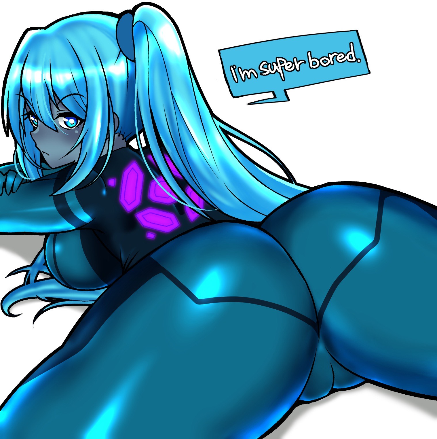 1girls, ass, ass focus, big ass, blue eyes, blue hair, dark samus, dark skin, dark-skinned female, english text, female, female only, iriomote umineko, looking at viewer, looking back, metroid, nintendo, solo, speech bubble, text, tight clothing, zero suit dark samus