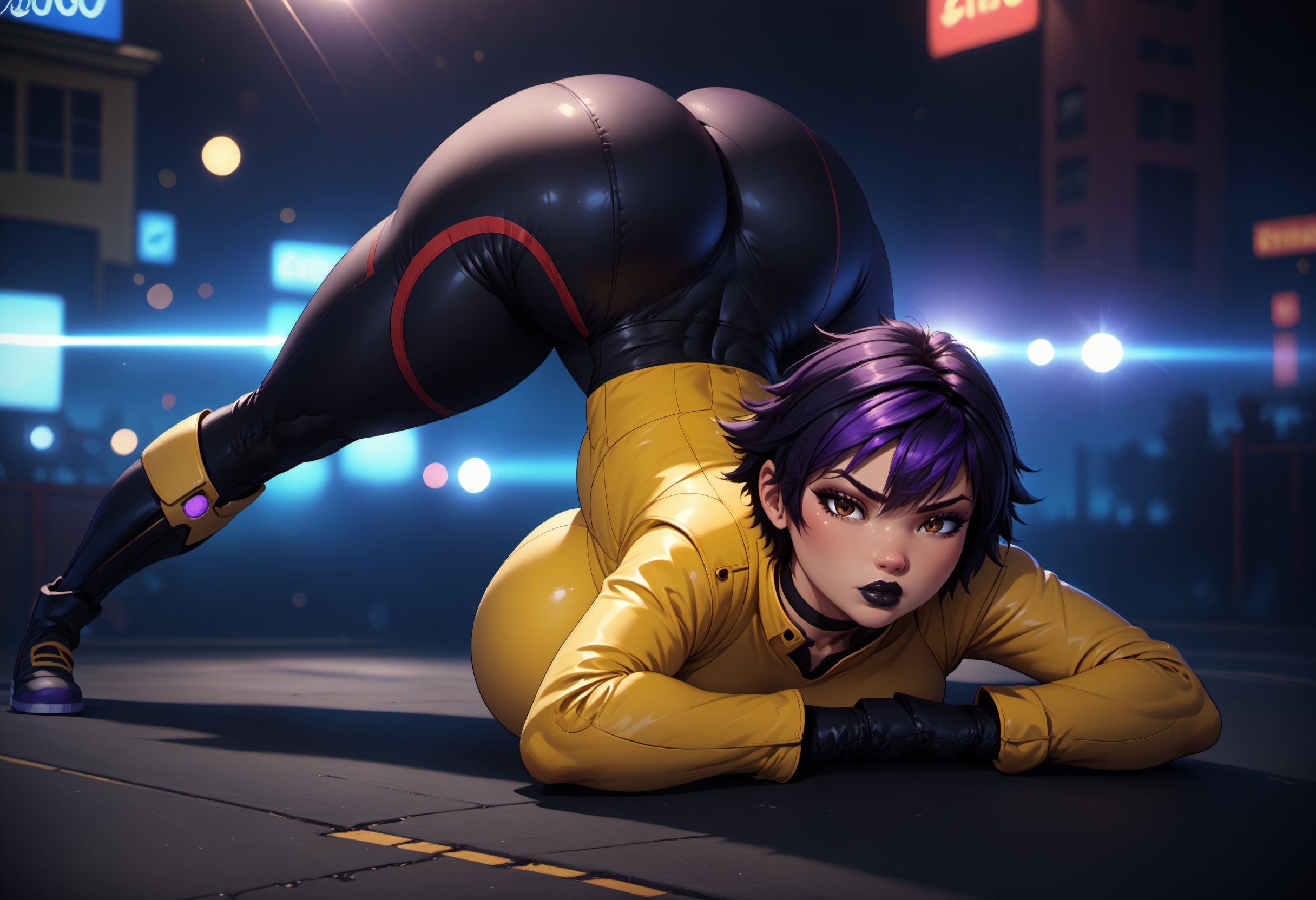 1girls, ai generated, ass, ass up, big ass, big breasts, big butt, big hero 6, black hair, bodysuit, breasts, butt crack, face down ass up, fat ass, female, gogo tomago, huge ass, jack-o pose, large breasts, league69, marvel, marvel comics, purple hair, short hair, solo, superheroine, thick ass, thick thighs, tight clothing, tight fit, two-tone hair, wide hips