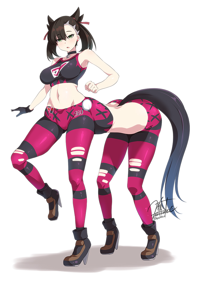 black_hair black_sports_bra black_tail choker clothing female fully_clothed green_eyes horse_tail human_taur kirisaki_byakko marnie_(pokemon) multi_leg multi_limb open_mouth pokemon pokemon_ss sports_bra tail