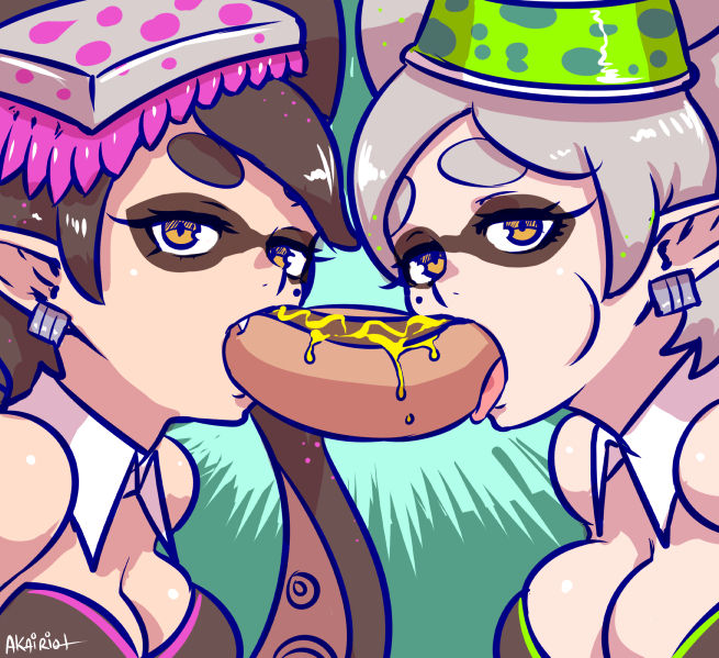 2girls akairiot animal_humanoid anthro black_hair breasts brown_eyes callie_(splatoon) cephalopod cephalopod_humanoid cleavage cousins cute_fang detached_collar earrings food food_on_head fully_clothed green_background hot_dog humanoid imminent_incest imminent_kiss inkling jewelry marie_(splatoon) mask_(marking) mole mole_under_eye multiple_girls nintendo object_on_head phallic_symbol pointy_ears pseudo_hair sexually_suggestive shared_food simple_background splatoon splatoon_(series) squid squid_sisters sushi symmetry tentacle tentacle_hair white_hair