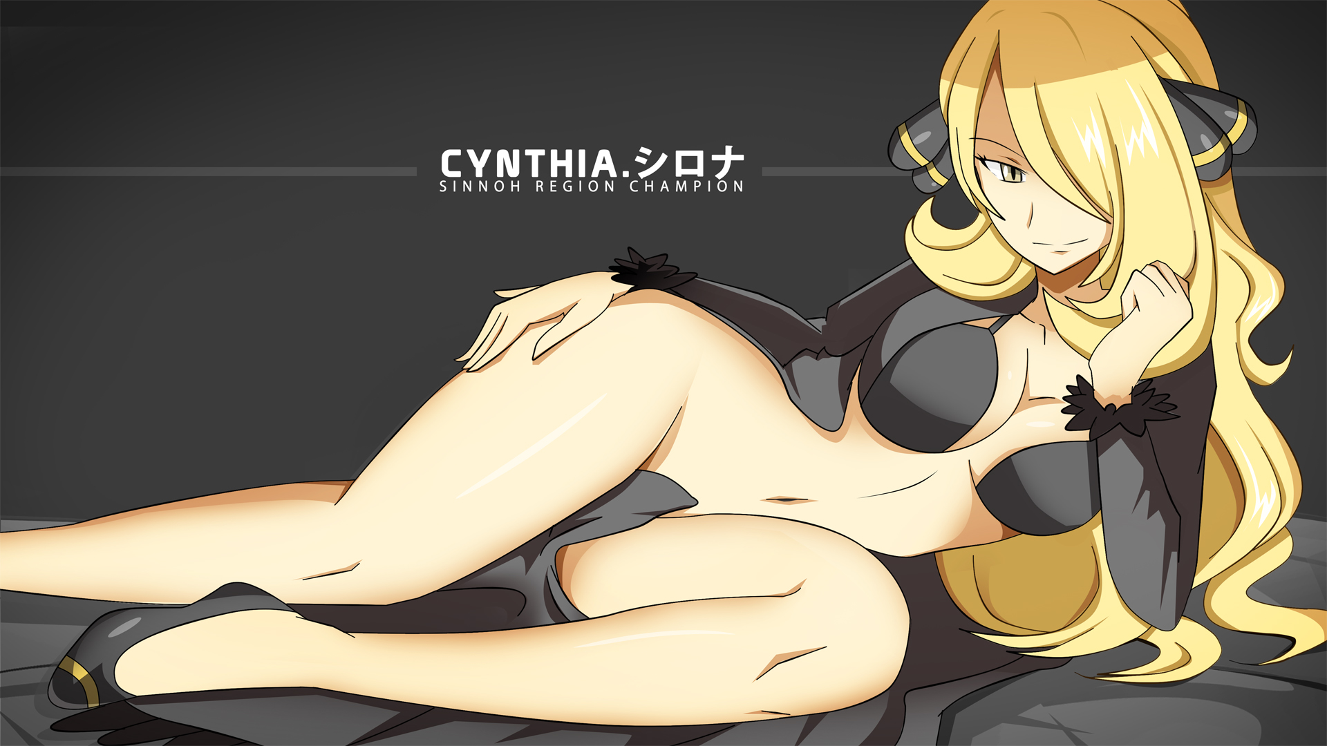 1girls, breasts, cleavage, cynthia (pokemon), eyelashes, female, grey eyes, hair over one eye, half-closed eyes, human, human only, long hair, looking at viewer, navel, nintendo, pokemon, pokemon champion, pokemon dppt, smile, solo, text, vivivoovoo