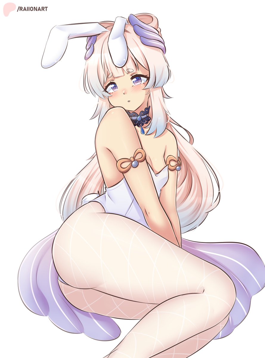 big_ass blonde_hair blush bunny_costume bunny_ears bunny_girl bunny_tail bunnysuit female_only genshin_impact hoyoverse long_hair looking_at_viewer necklace pantyhose purple_eyes raionart sangonomiya_kokomi sideview sitting sitting_down small_breasts teenager thick_thighs