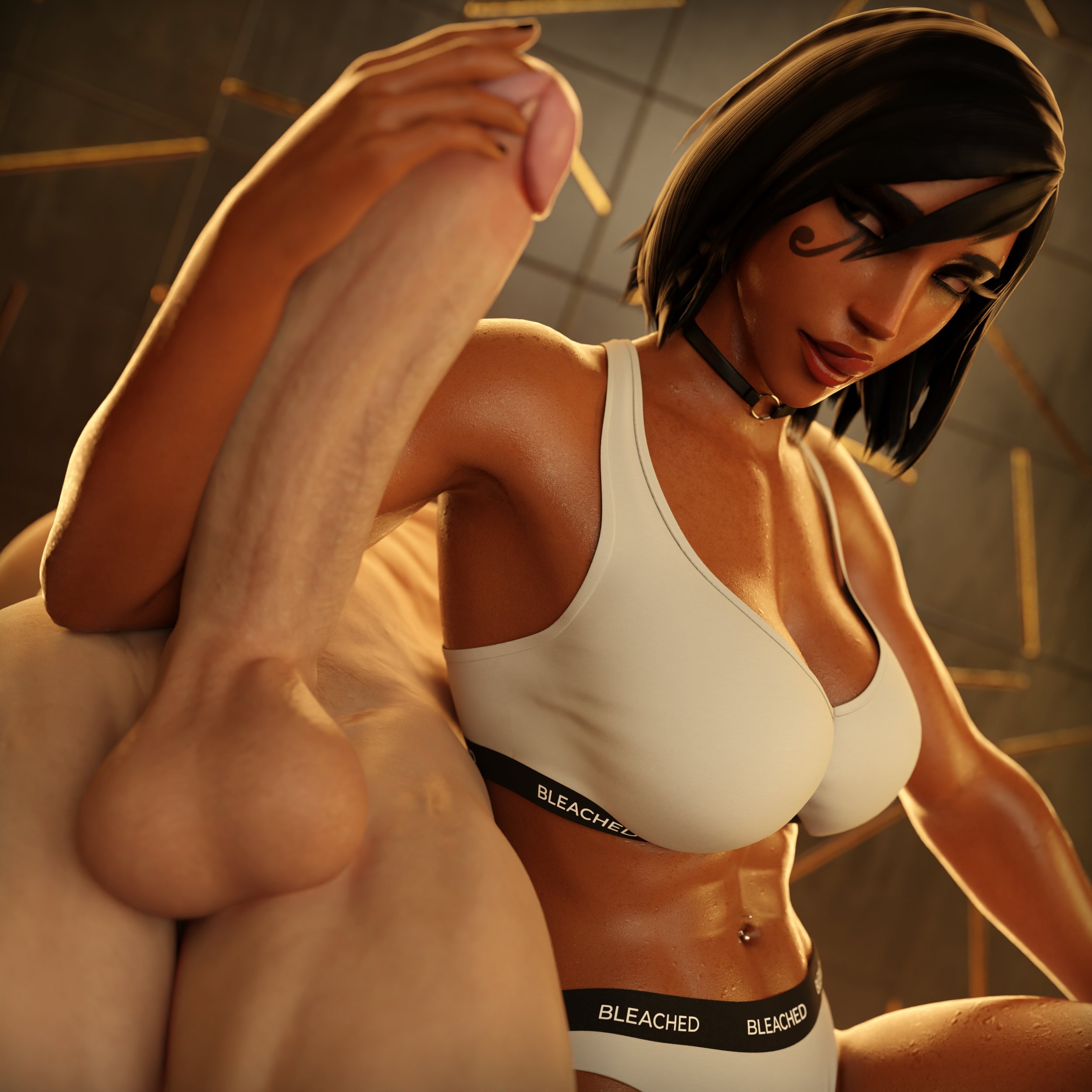1boy, 1girls, 3d, balls, big balls, big penis, bleached, bleached clothing, blizzard entertainment, brown eyes, choker, clothed, cock hungry, dark hair, dark skin, dark-skinned female, female, forearm cock, gym clothes, hand on penis, huge balls, huge cock, human, human male, imminent sex, interracial, lesbian, lesbian with male, light skin, light-skinned male, male, overwatch, overwatch 2, pale skin, pale-skinned male, penis, pharah, piroguh, short hair, sports bra