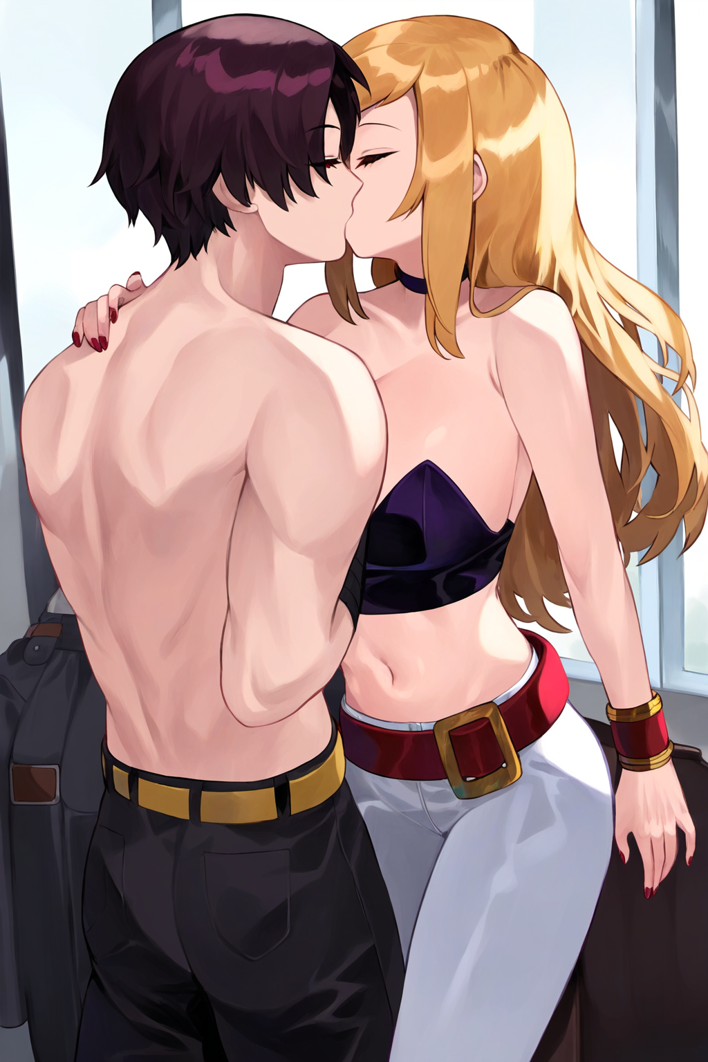 ai_generated bonne_jenet fatal_fury garou:_mark_of_the_wolves half_naked half_nude hugging jeans jennie_behrn king_of_fighters kissing kyo_kusanagi