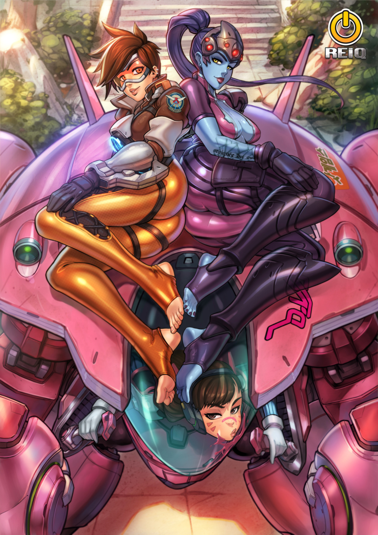 3girls, ass, barefoot, big ass, blizzard entertainment, blue skin, bodysuit, breasts, brown eyes, brown hair, chronal accelerator, cleavage, d.va, facial mark, feet, female, female only, gloves, goggles, harness, highres, human, jacket, jiggly girls, large breasts, legwear, long hair, looking at viewer, mecha, meka, multiple females, multiple girls, nail polish, overwatch, pinup, ponytail, purple hair, purple toenails, reiq, shiny suit, short hair, smile, soles, stirrup legwear, toeless legwear, toenail polish, toes, tokki (overwatch), tracer, visor, widowmaker