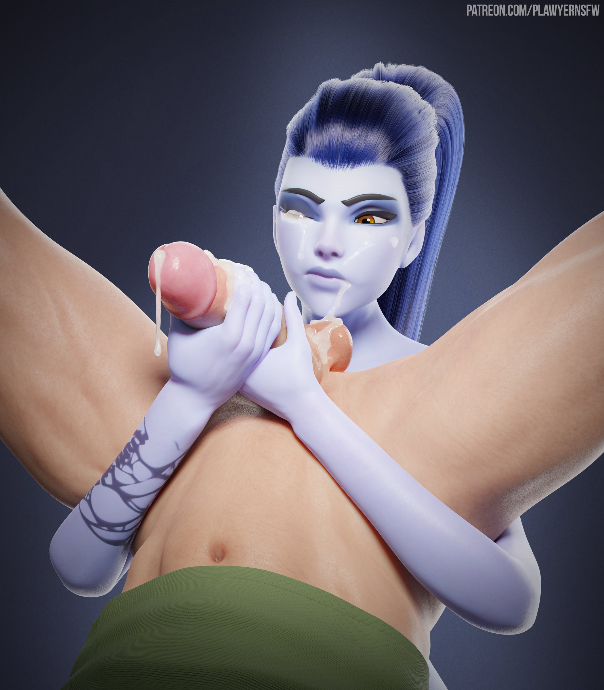 1boy, 1girls, 3d, 3d (artwork), amelie lacroix, big penis, blizzard entertainment, blue hair, blue skin, clothed male, cum, cum on face, female, handjob, lawyernsfw, light skin, light-skinned male, long hair, male, male/female, nude, nude female, one eye closed, overwatch, overwatch 2, penis, playing partner like bagpipes, ponytail, tattoo, tattooed arm, two-handed handjob, widowmaker, yellow eyes