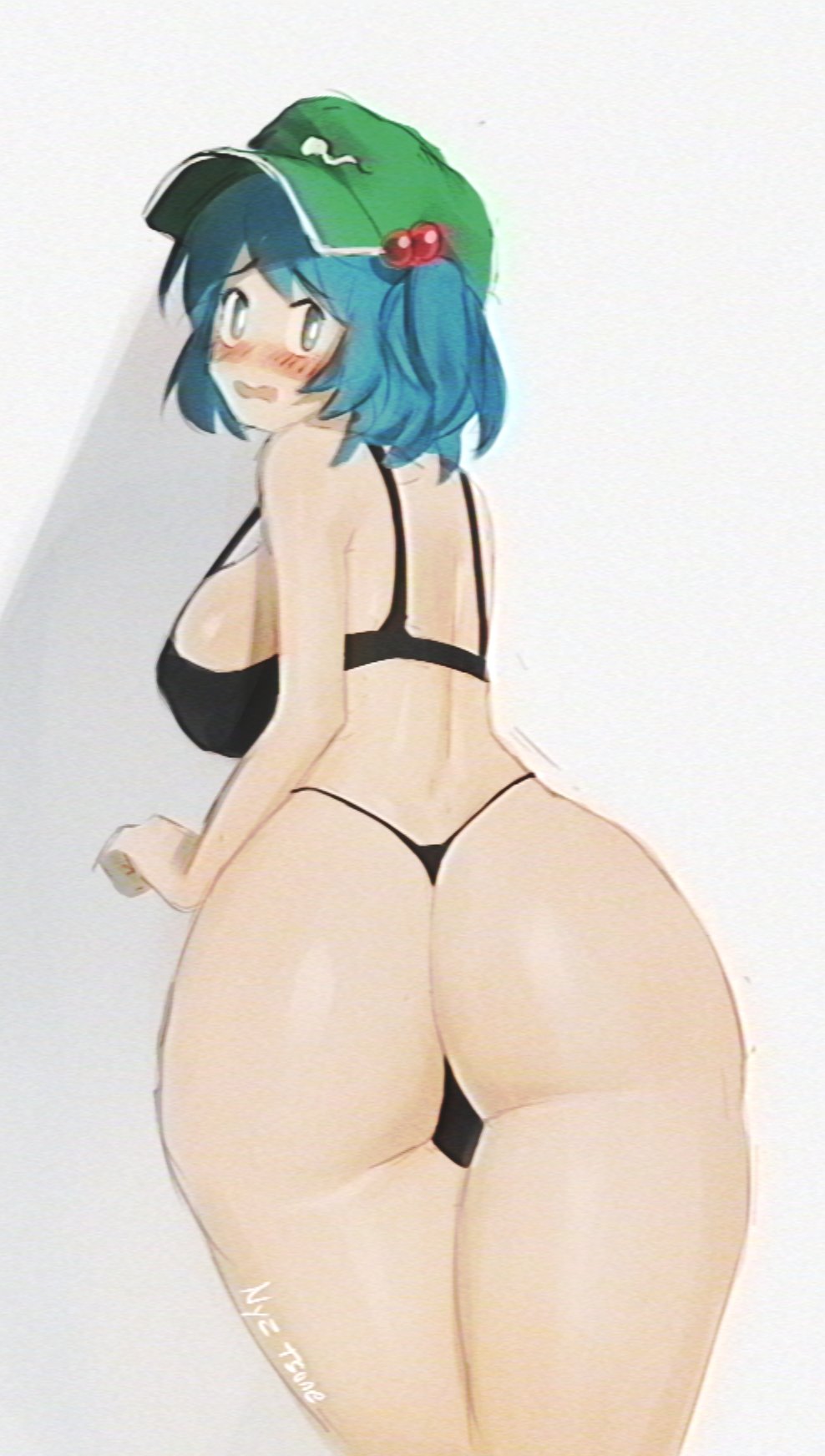 1girls artist_name ass back_view barely_clothed big_breasts black_bra black_panties blue_eyes blue_hair blush bra breasts clothing dat_ass female hat legs_together light-skinned_female looking_back matching_underwear nitori_kawashiro nyztsune open_mouth panties sideboob solo solo_female thick_thighs thighs thong touhou twintails watermark white_background wide_hips