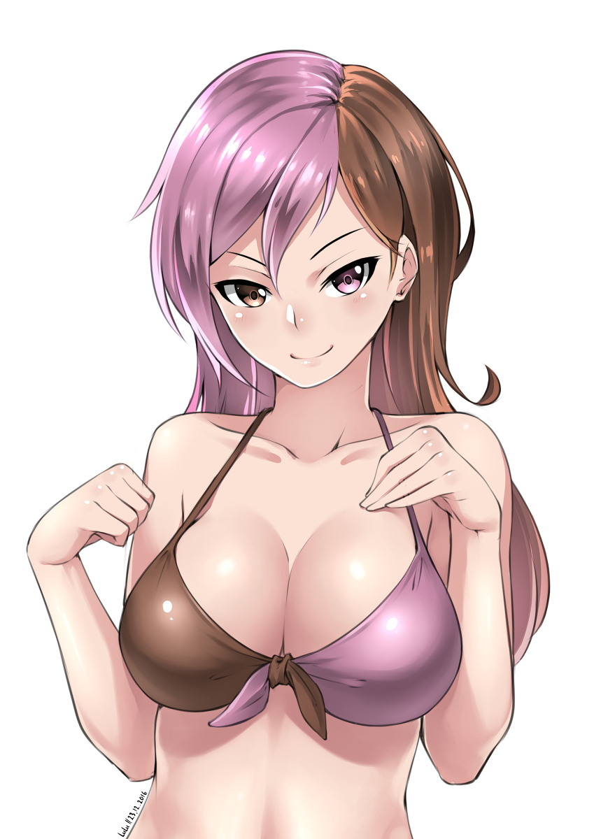 bare_shoulders bikini blush bra breasts brown_eyes brown_hair collarbone female hair hand_on_chest heterochromia highres large_breasts lips long_hair looking_at_viewer lulu-chan92 multicolored_bikini multicolored_hair navel neo_(rwby) nose_blush pink_eyes pink_hair rwby seductive_smile shiny_hair simple_background smile solo swimsuit two_tone_hair upper_body white_background