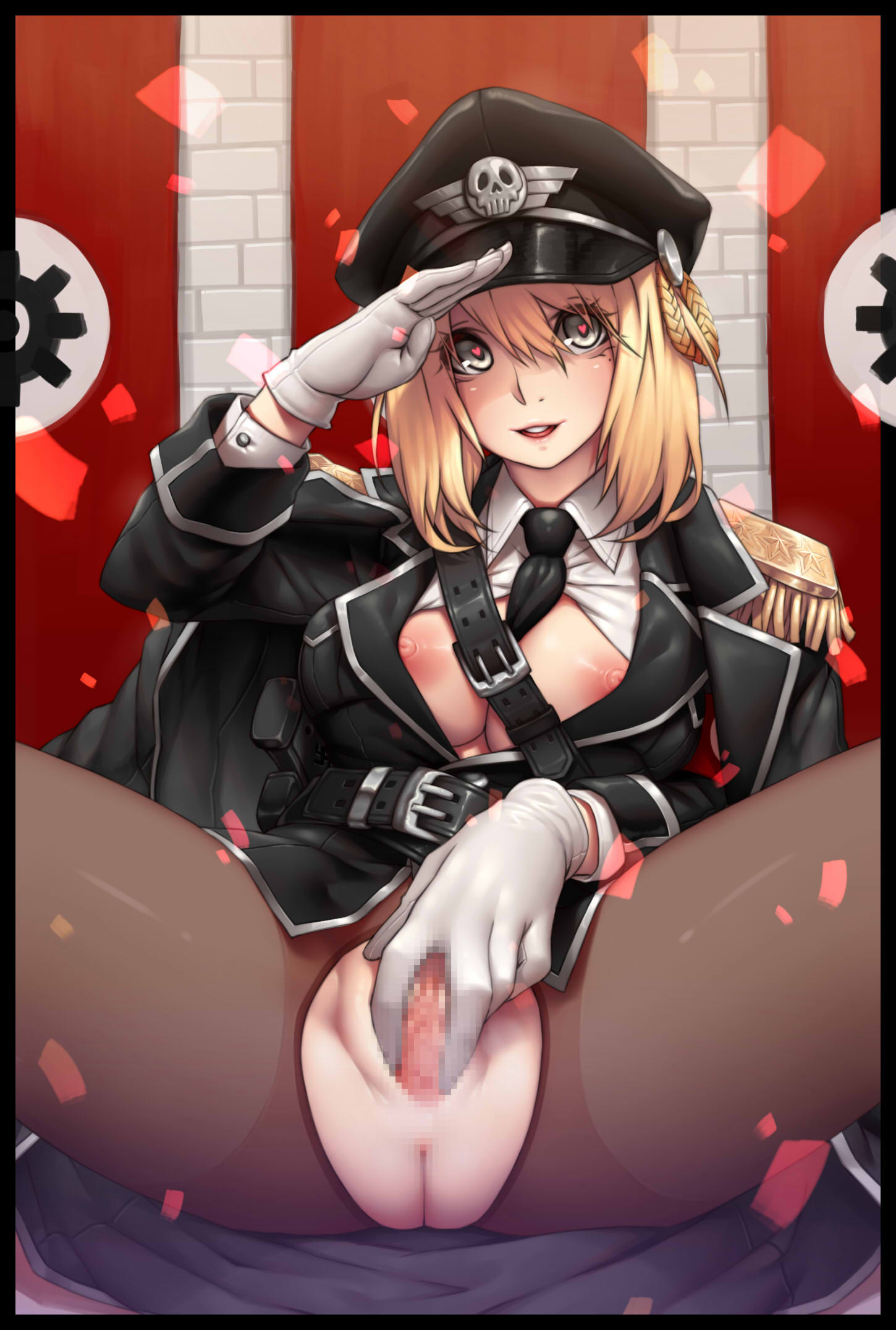 anus armband banner belt between_breasts black_border black_necktie border brick_wall censored collared_shirt epaulettes female gloves grey_eyes hat heart heart-shaped_pupils highres jacket_on_shoulders lips long_hair looking_at_viewer military military_uniform mole mole_under_eye necktie necktie_between_breasts nipples open_clothes open_mouth open_shirt original pantyhose peaked_cap pussy round_teeth salute shirt short_hair sitting skull solo spread_legs spread_pussy swastika symbol-shaped_pupils teeth uniform white_gloves wing_collar yin-ting_tian