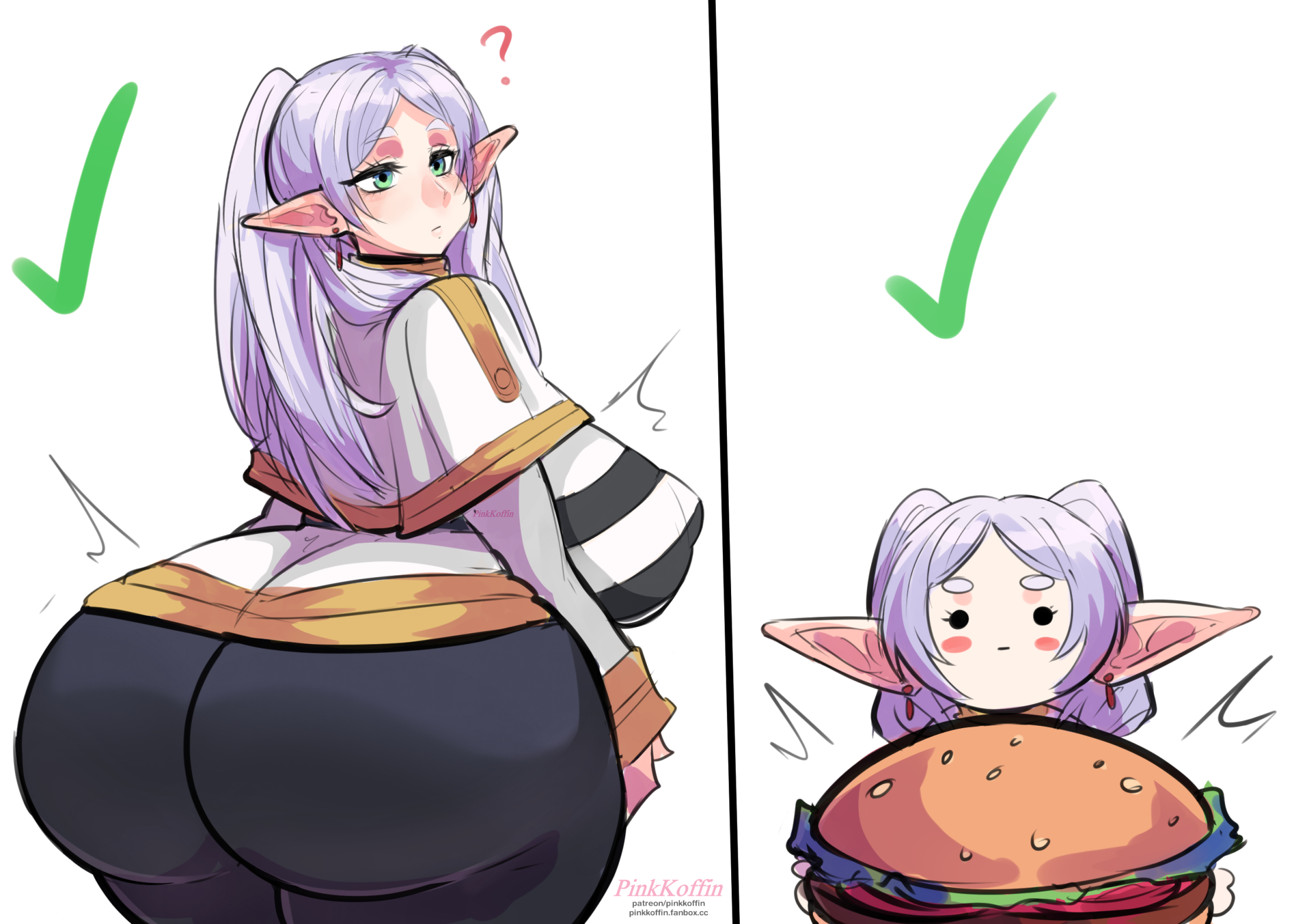 ?, 1girls, ass, big ass, breasts, burger, elf, elf ears, elf female, female, female only, frieren, high resolution, large ass, large breasts, pantyhose, pinkkoffin, solo, sousou no frieren, thighs, very high resolution, white background, white hair, wide hips