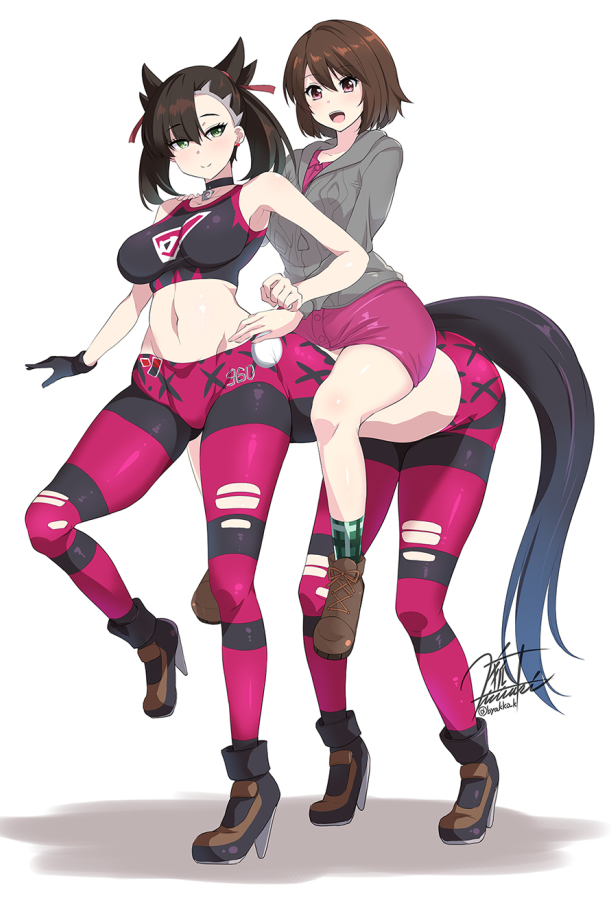 black_hair black_sports_bra black_tail choker clothing female fully_clothed green_eyes horse_tail human_taur kirisaki_byakko marnie_(pokemon) multi_leg multi_limb piggyback pokemon pokemon_ss riding sports_bra tail