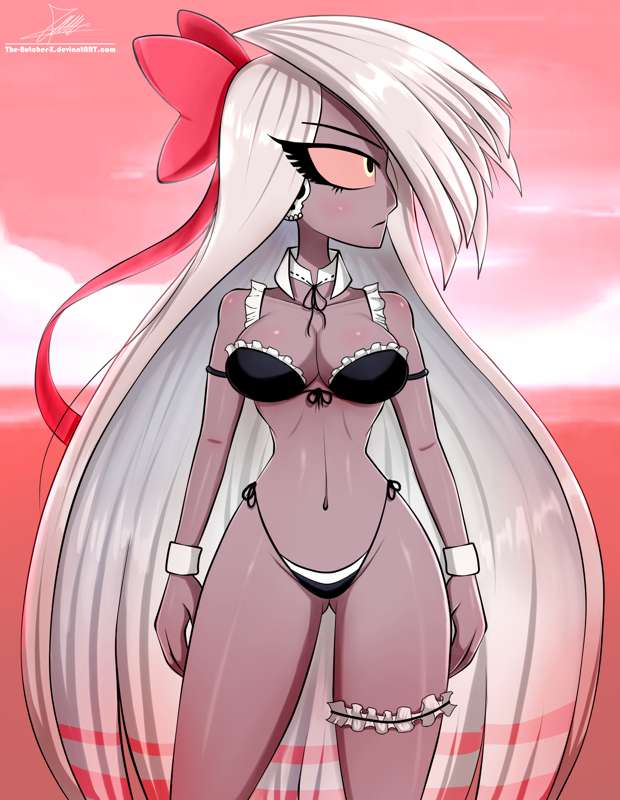 1girls ass_visible_through_thighs beach bikini blush breasts female hazbin_hotel medium_breasts red_sclera solo solo_female the-butch-x thick_thighs thighs vaggie_(hazbin_hotel) white_hair yellow_eyes