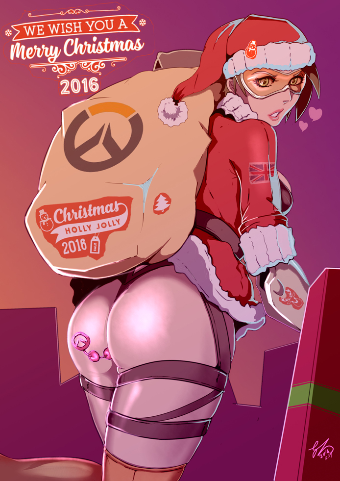 1girls, anal beads, ass, cavalry, christmas, female, female only, goggles, overwatch, santa hat, sex toy, solo, text, tracer