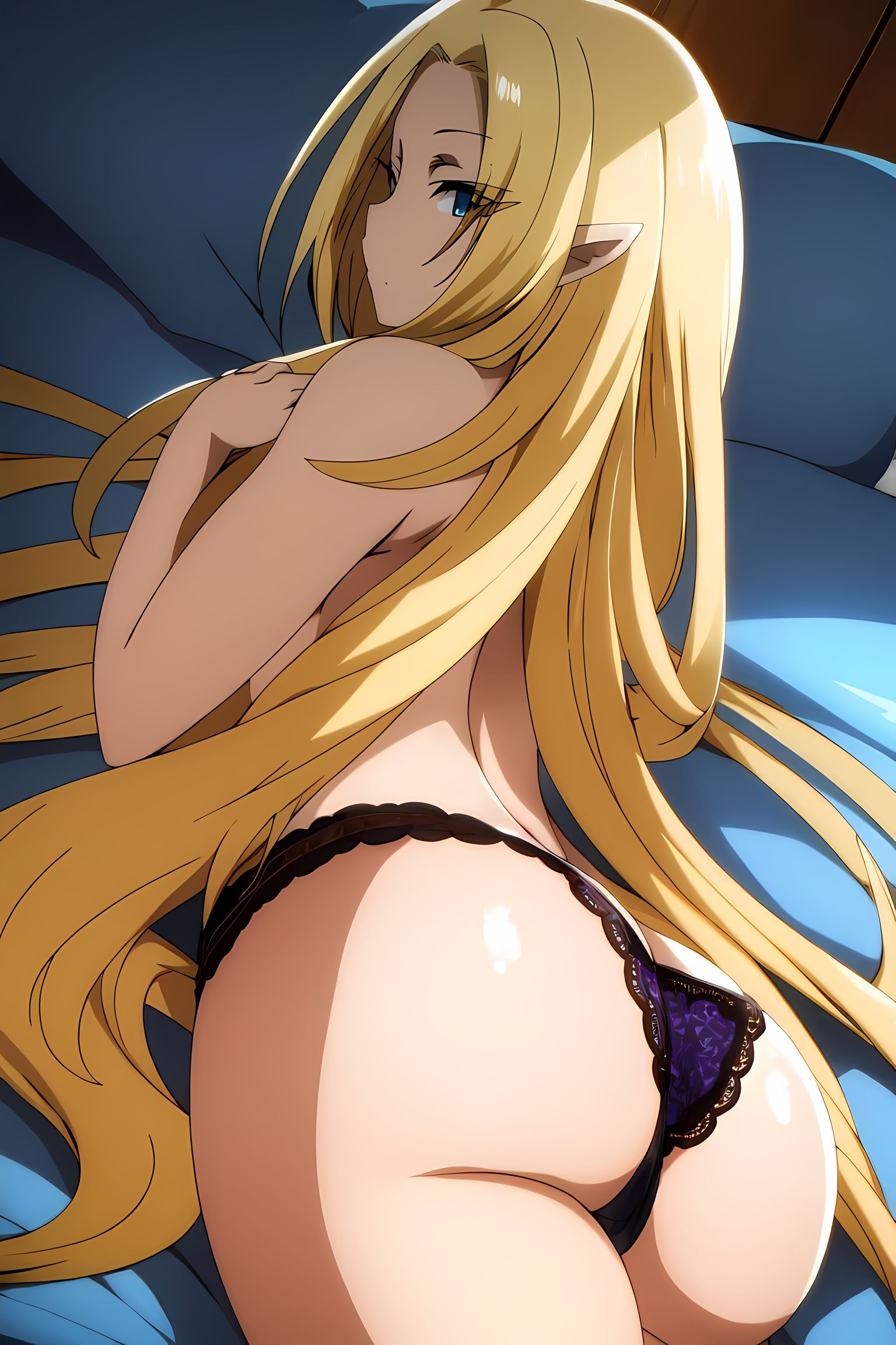 1girls, ai generated, alpha (the eminence in shadow), arms on breasts, ass, ass focus, bed, bedroom, blonde hair, blue eyes, breasts, elf, elf ears, elf female, female, female focus, female only, hi res, high resolution, highres, kage no jitsuryokusha ni naritakute!, laying on side, long hair, looking at viewer, medium breasts, panties, the eminence in shadow