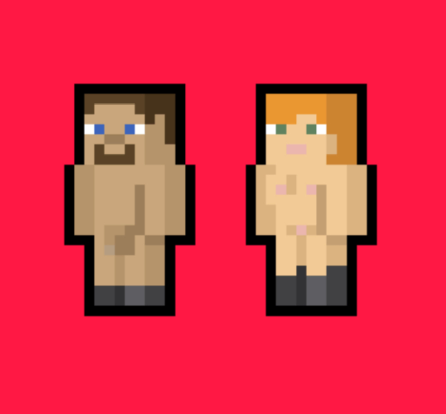 alex_(minecraft) breasts dark_skin dick female ginger male minecraft muymal no_emotion pale_skin penis pixel_art pussy square_head standing steve_(minecraft) vagina