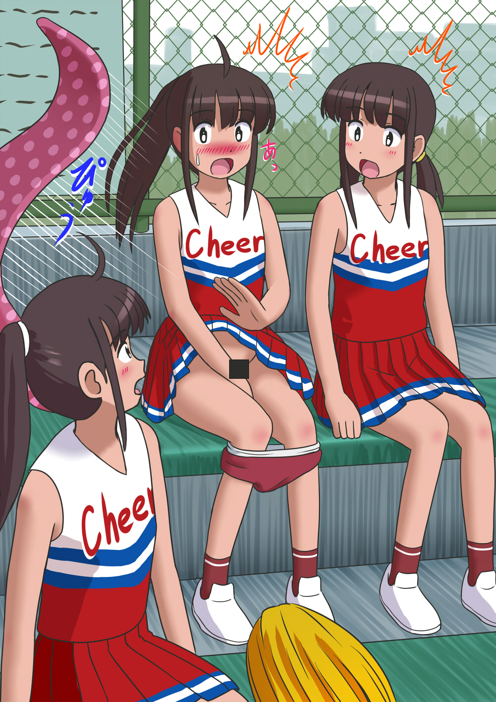 3girls ankle_socks anklehighs bar_censor bottomless caught caught_masturbating censored female g_yukishiro masturbation multiple_girls red_socks shoes socks socks_and_shoes