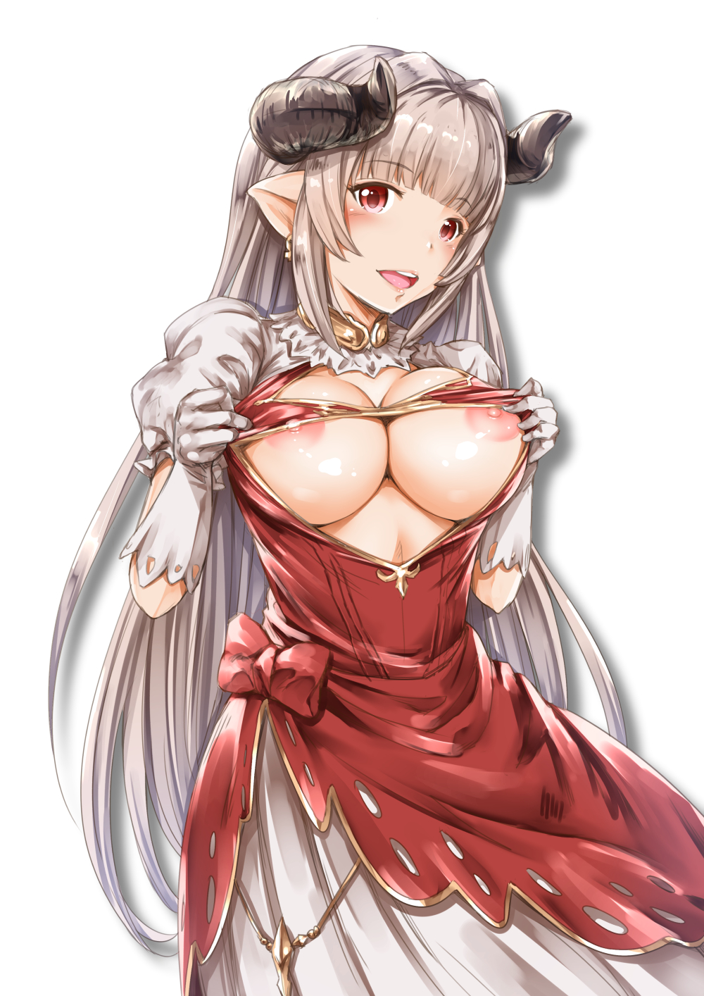 alicia_(granblue_fantasy) blush breasts breasts_out doraf dress earrings female flashing fully_clothed ganari_ryuu gloves gradient gradient_background granblue_fantasy highres horns jewelry large_breasts long_hair nipples no_bra open_mouth pointy_ears red_eyes silver_hair simple_background solo white_background white_gloves