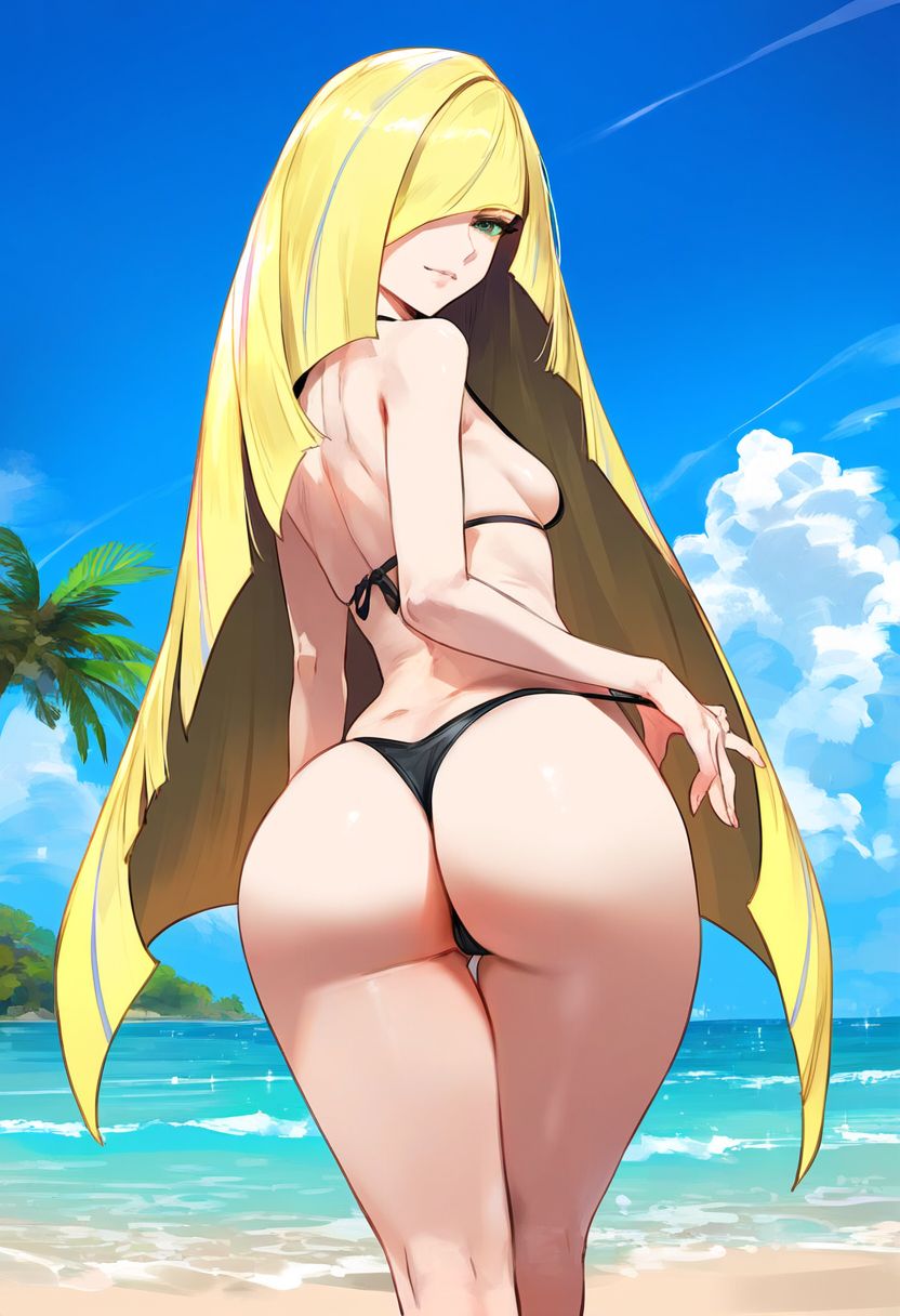 ai_generated ass beach bikini dclp from_behind lusamine_(pokemon) milf pokemon standing