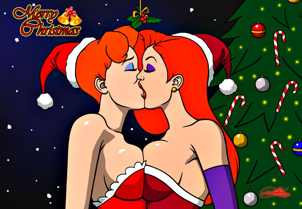 2girls arm bare_shoulders breast_press breasts christmas christmas_tree closed_eyes couple crossover disney dress earrings elbow_gloves eyeshadow female gloves hat human jessica_rabbit jewelry kaywest large_breasts lips lipstick long_hair makeup multiple_girls mutual_yuri neck orange_hair purple_gloves red_dress red_hot_riding_hood red_lipstick santa_costume santa_hat short_hair symmetrical_docking tree upper_body who_framed_roger_rabbit yuri