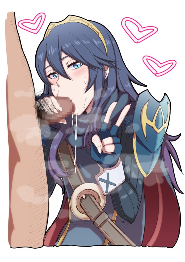 armor bad_id belt blue_eyes blue_hair blush cape censored cum cum_in_mouth fellatio female fingerless_gloves fire_emblem fire_emblem_awakening gloves heart lucina_(fire_emblem) oral pauldrons penis solo_focus sweat tiara umayahara0130 v