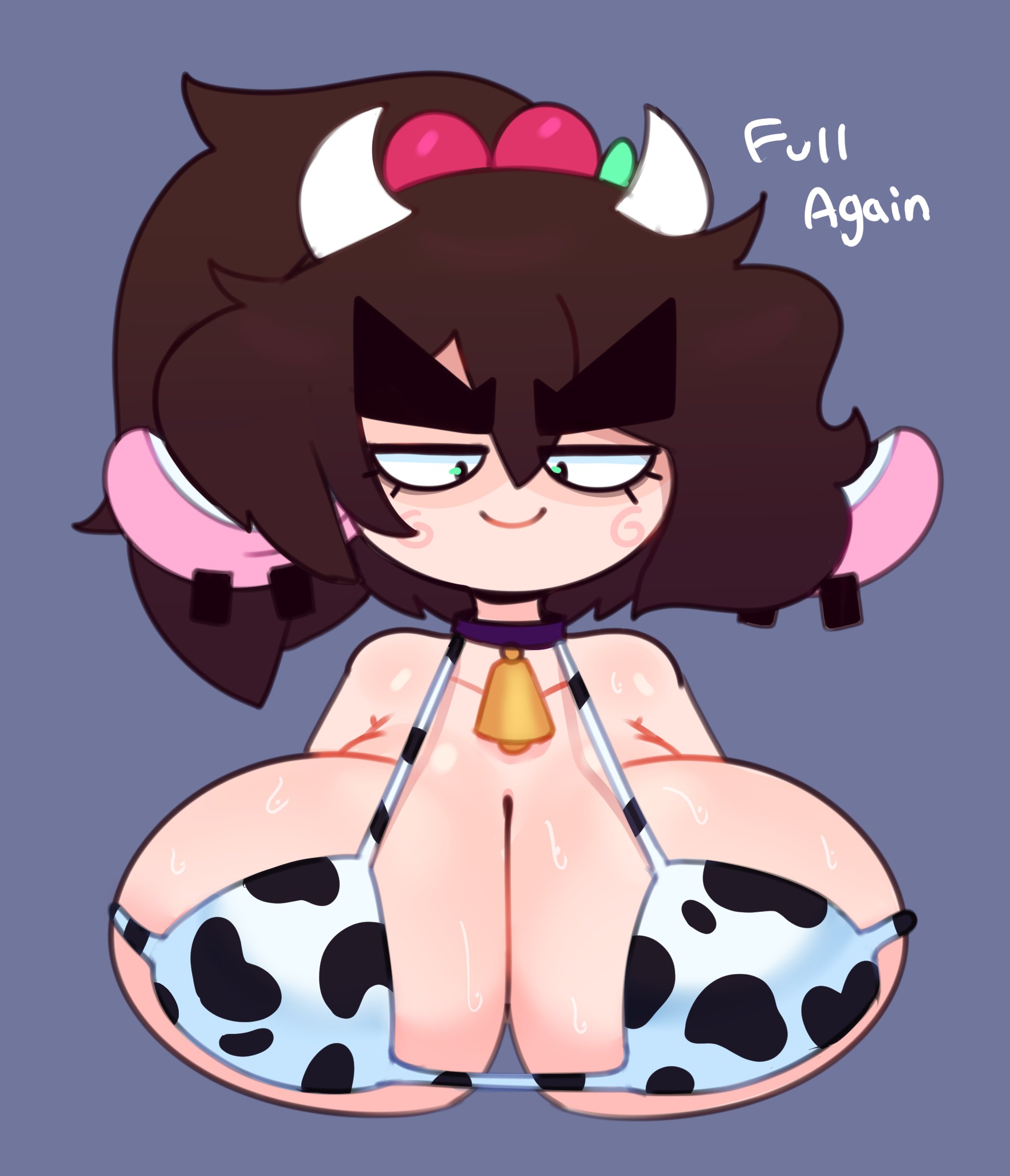 1girls, big eyebrows, breasts, choker, cow bell, cow ears, cow print, female, femscrub (somescrub), huge breasts, ponytail, somescrub