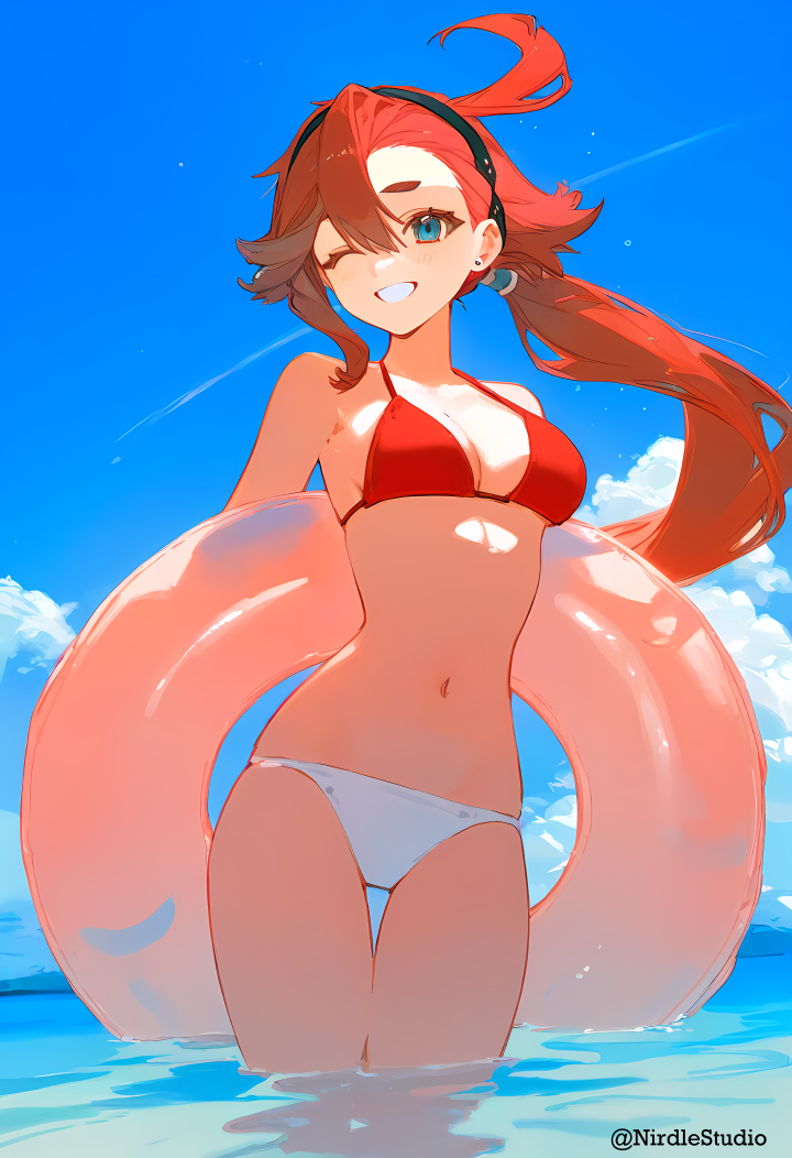 1girls ;d alternate_skin_color bangs beach beach_background belly_button big_eyes bikini bikini_top black_hairband blue_eyes blue_skin blush blush_lines clear_sky clouds eyelashes floatation_device floatie gundam gundam_suisei_no_majo hair_band hairband hands_behind_back in_motion in_water long_hair looking_at_viewer medium_breasts nirdlestudio open_smile ponytail red_bikini red_bikini_top red_hair ring_floatie shaking_head shiny_skin slim_female slim_figure slim_waist smile solo solo_female submerged_legs suletta_mercury thick_eyebrows triangle_bikini twitter_username water_droplets wet wet_body wet_hair wet_skin white_bikini_bottom wink