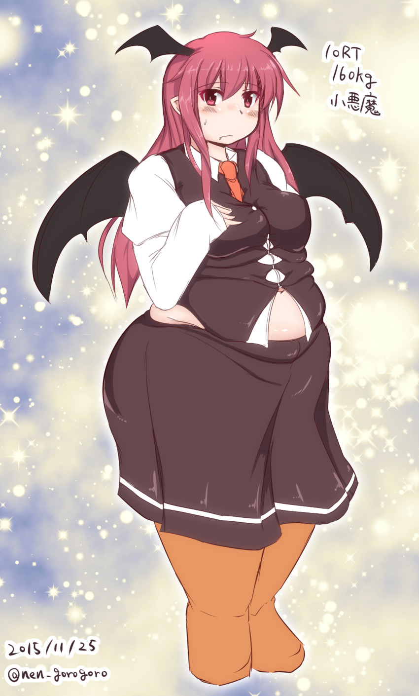 bbw belly_overhang big_belly big_female blush chubby chubby_female embarrassed fat fat_ass fat_female fat_fetish fat_girl fat_woman fatty koakuma large_female obese obese_female overweight overweight_female pig plump pork_chop succubus thick_thighs tight_clothes tight_clothing tight_fit touhou tubby vest weight_gain wings