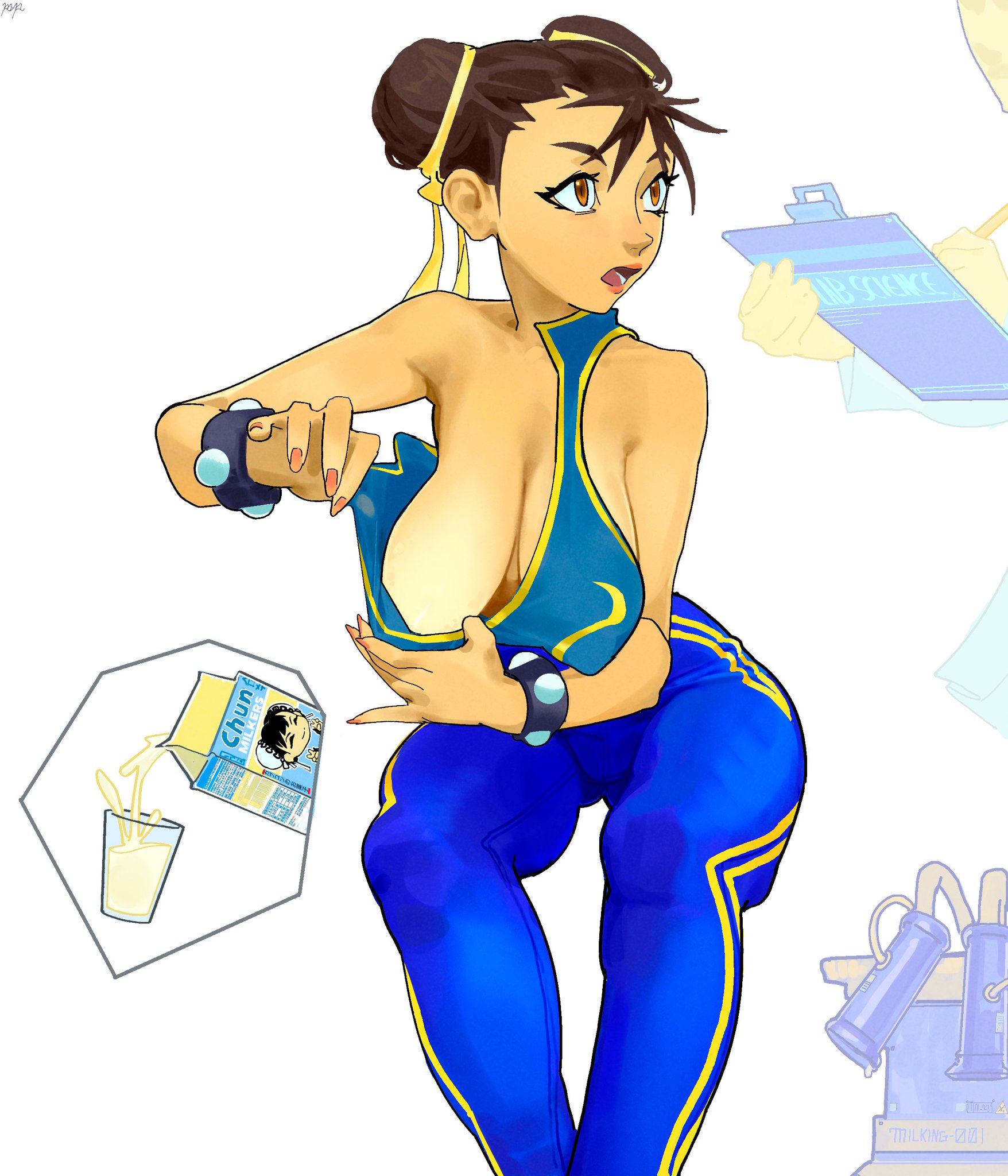 1girls, breasts, chun-li, cleavage, clipboard, clothed, confusion, female, female only, glass of milk, human, labslider, milk carton, milking machine, solo, street fighter, street fighter alpha